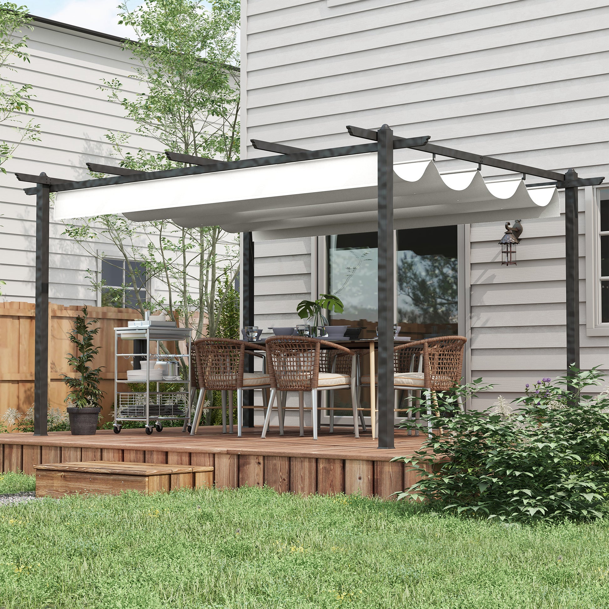 Outsunny Conjunto de Pérgola Incluye 1 Pérgola de Jardín 4x3 m con Techo Retráctil y 1 Cubierta para Pérgola para Patio Terraza Exterior Crema
