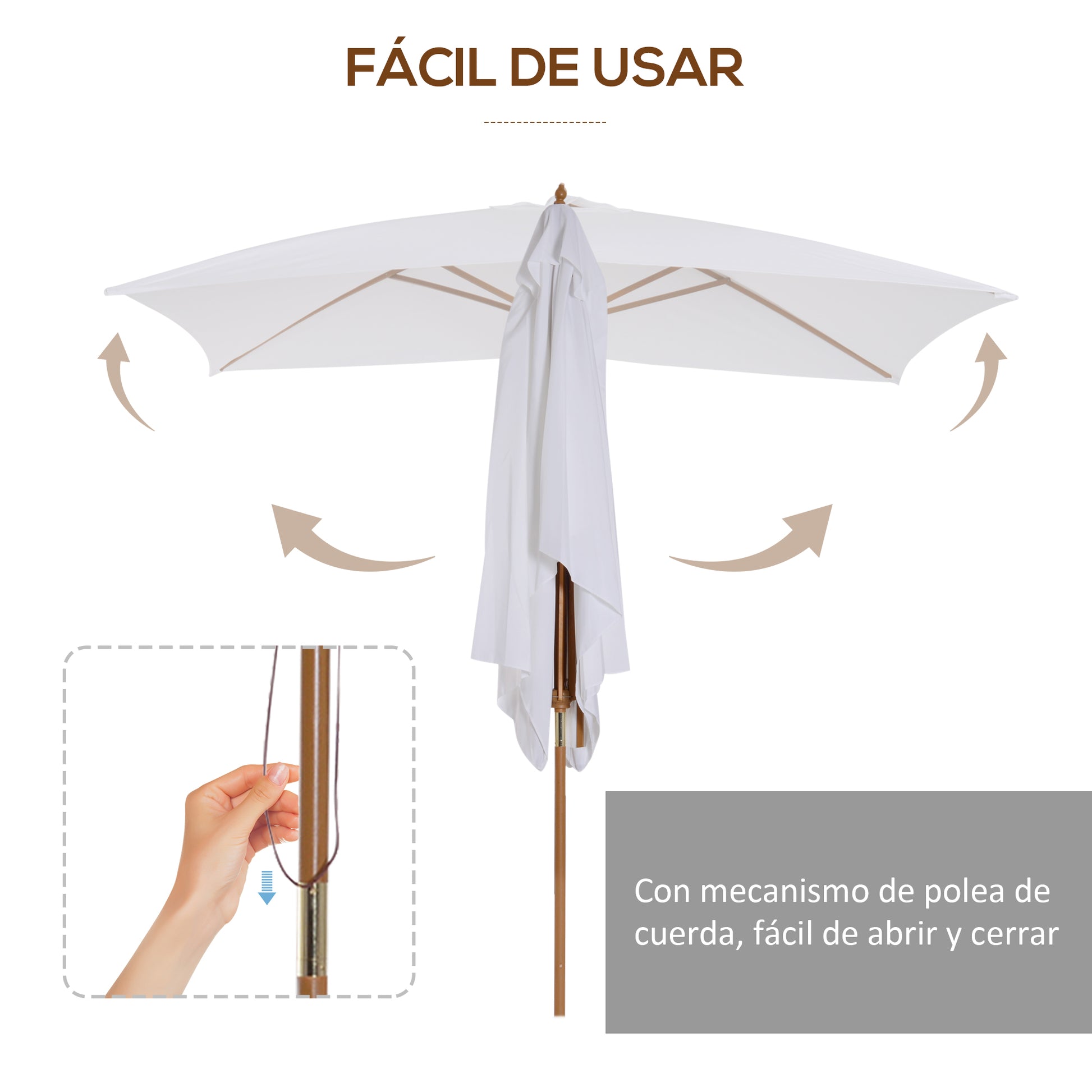 Outsunny Sombrilla Terraza Exterior 295x200 cm Sombrilla de Jardín Rectangular Ajustable con Mástil de Madera y Manivela Impermeable Parasol para Patio Terraza Blanco