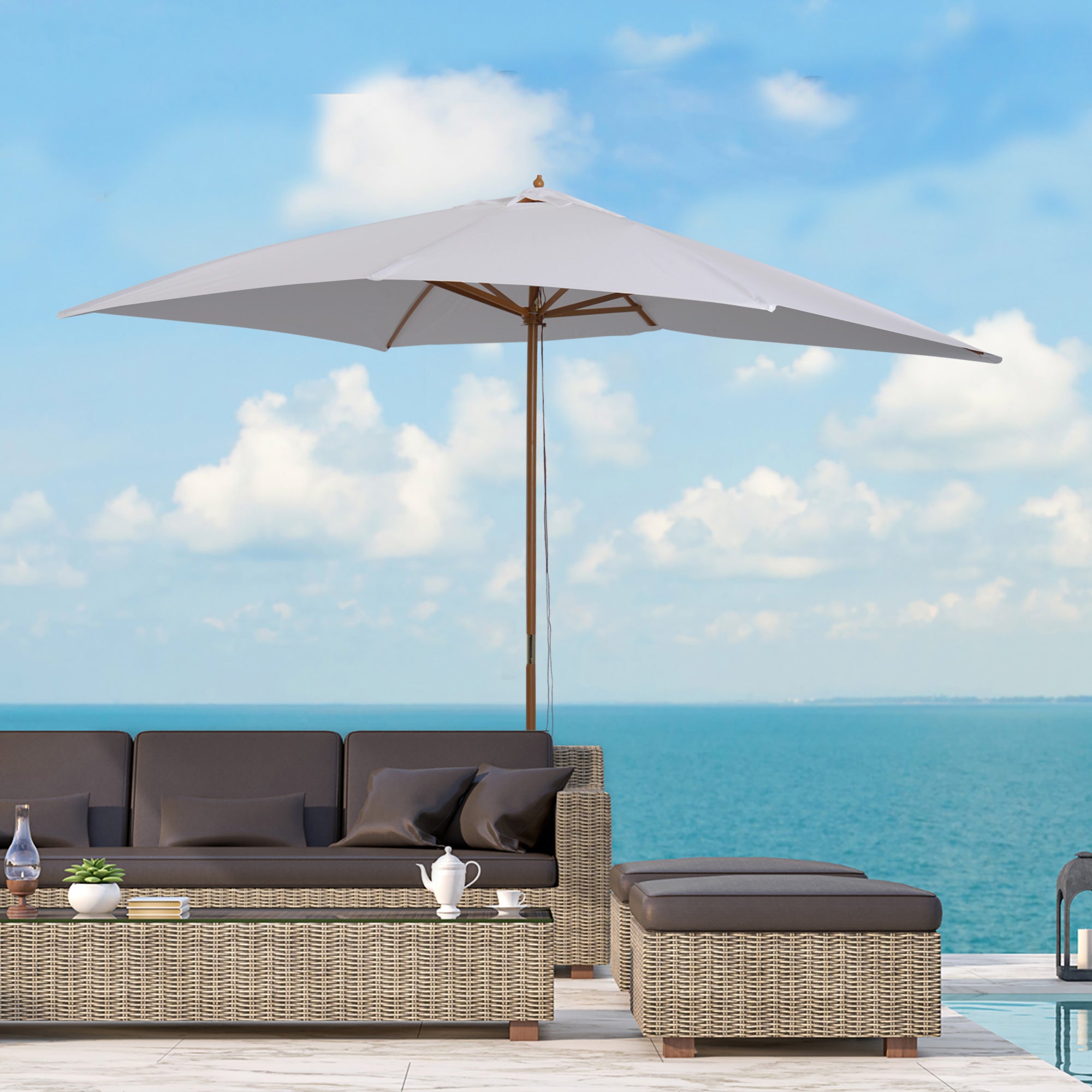 Outsunny Sombrilla Terraza Exterior 295x200 cm Sombrilla de Jardín Rectangular Ajustable con Mástil de Madera y Manivela Impermeable Parasol para Patio Terraza Blanco