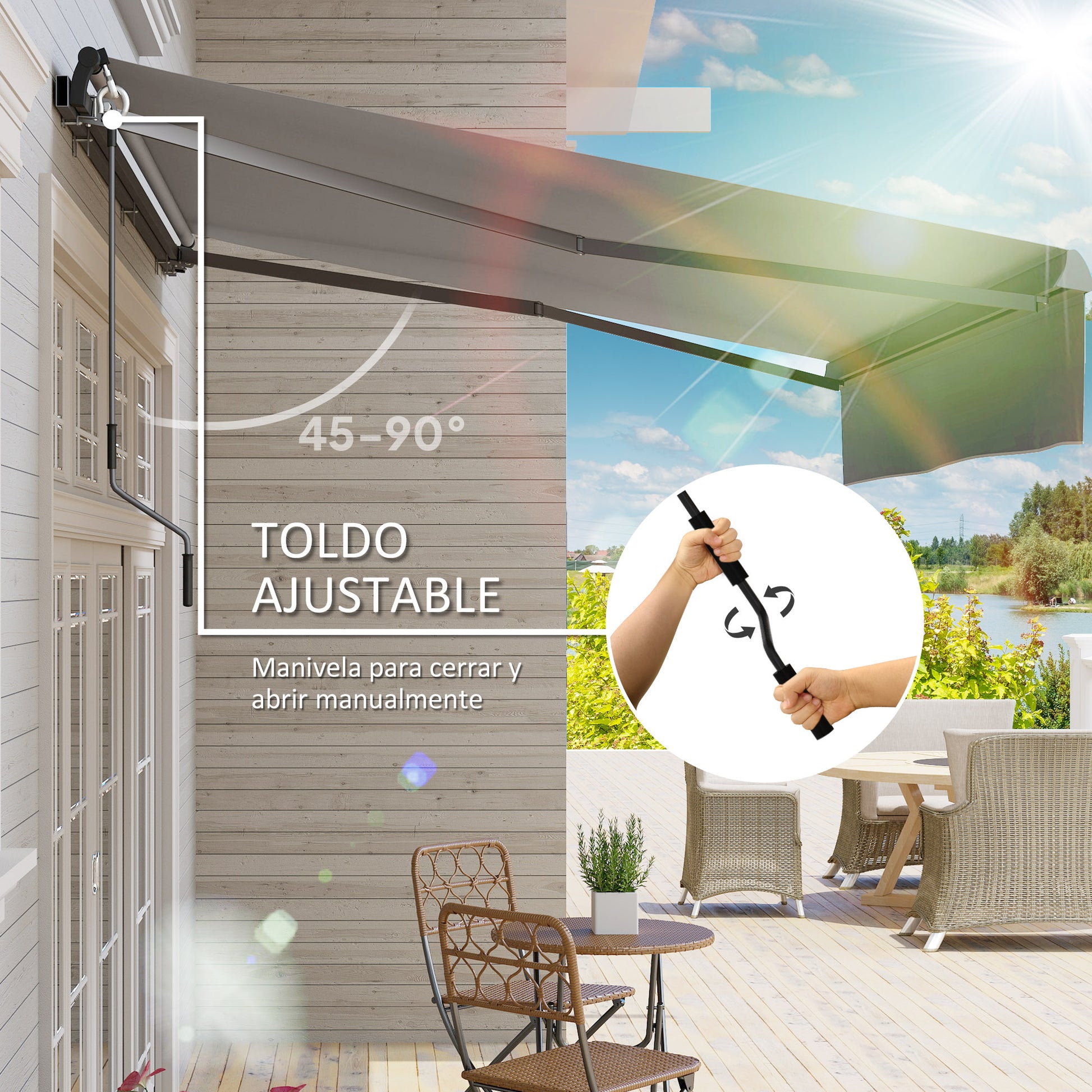 Outsunny Toldo Manual Retráctil 3x2 m Toldo Exterior Terraza Enrollable Ajustable con Manivela Protección UV50+ Estructura de Aluminio y Metal para Balcón Jardín Gris