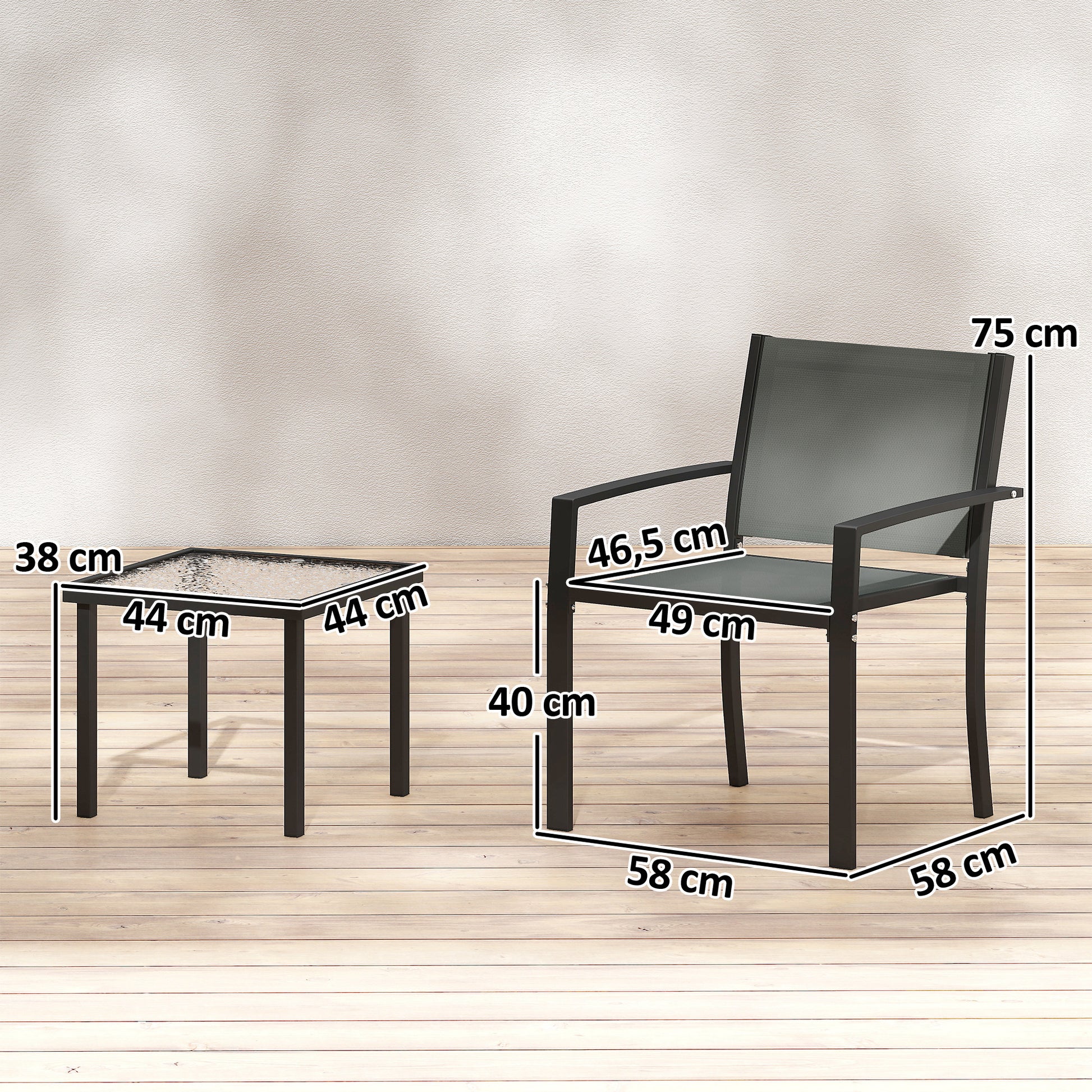 Outsunny Conjunto de Mesa y Sillas de Terraza Exterior 3 Piezas, Muebles de Jardín Exterior con 2 Sillas Anchas de Textilene, Mesa de Vidrio Templado, para Patio, Balcón, Gris Claro