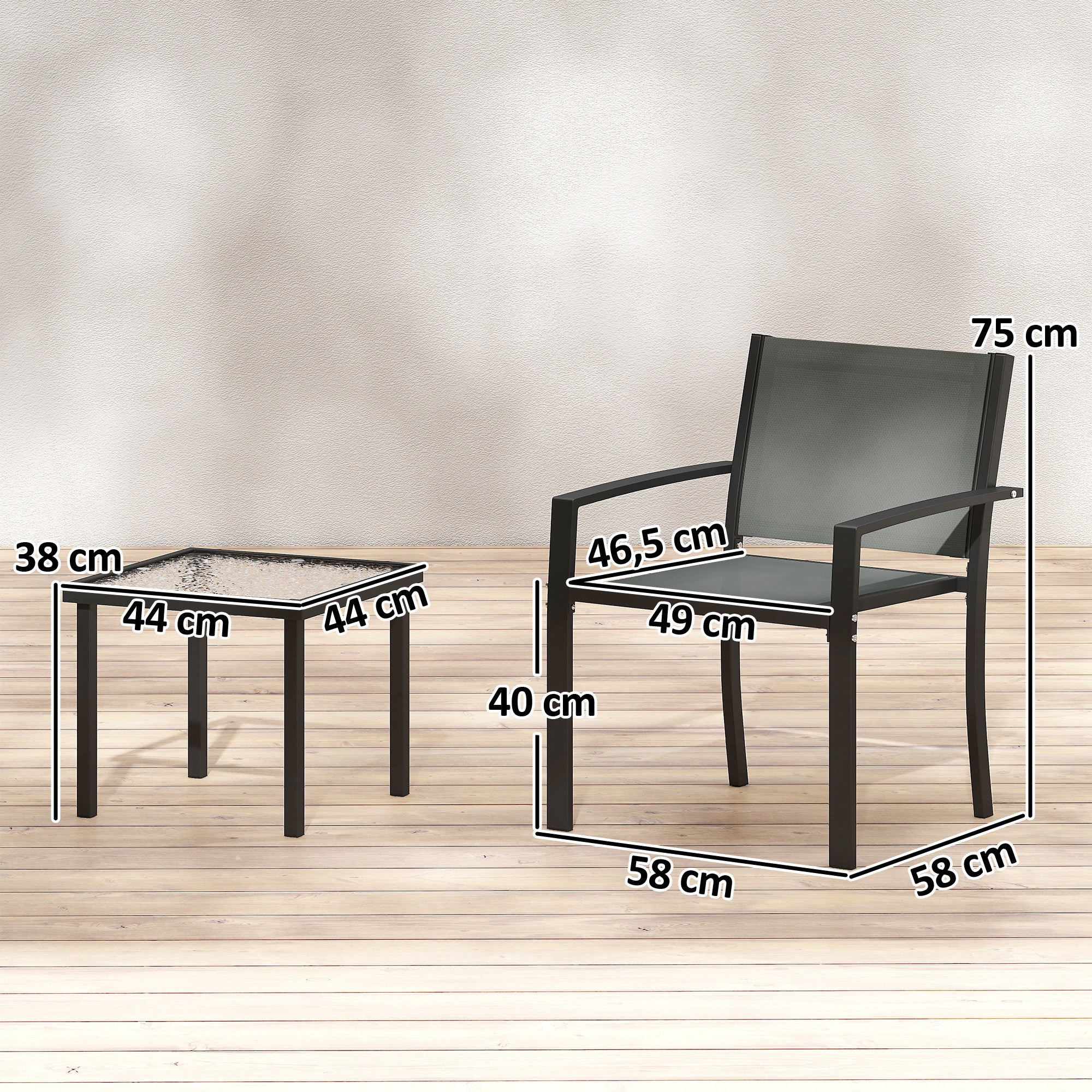 Outsunny Conjunto de Mesa y Sillas de Terraza Exterior 3 Piezas, Muebles de Jardín Exterior con 2 Sillas Anchas de Textilene, Mesa de Vidrio Templado, para Patio, Balcón, Gris Claro