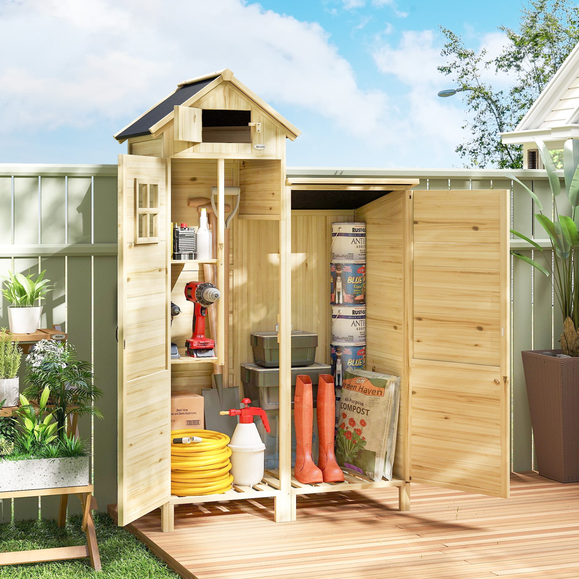 Outsunny Caseta de Jardín de Madera 106x57x167 cm, Cobertizo Jardín Exterior, Armario para Herramientas con Doble Zona, Puertas, Estantes Desmontables, Techo Asfáltico Impermeable y Ventana, Natural