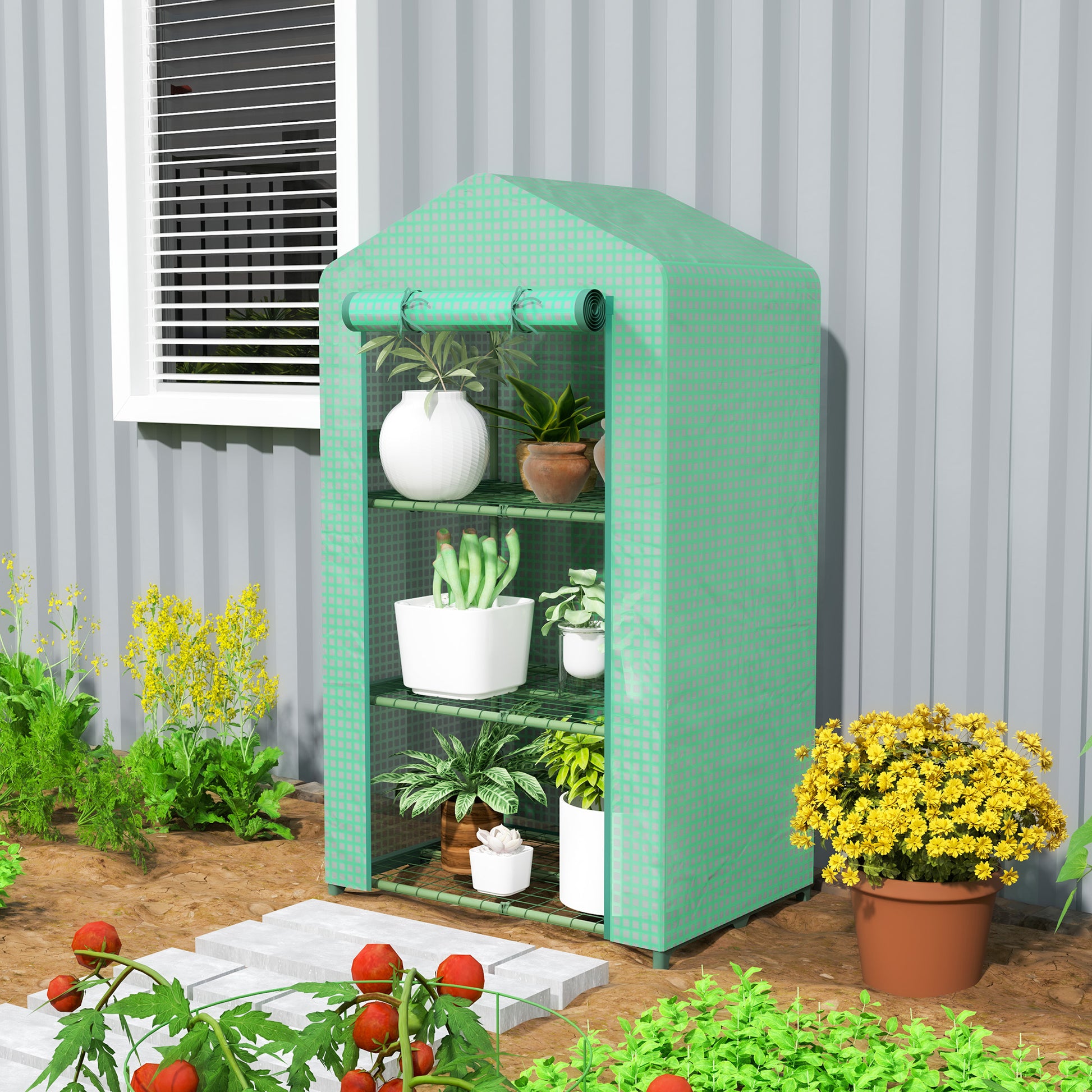 Outsunny Invernadero de Jardín de 3 Niveles, Invernadero de Exterior con 3 Estantes, Puerta Enrollable, Marco de Metal, Cubierta de PE, Anti-UV, Impermeable, para Terraza, Patio, 69x49x125 cm, Verde