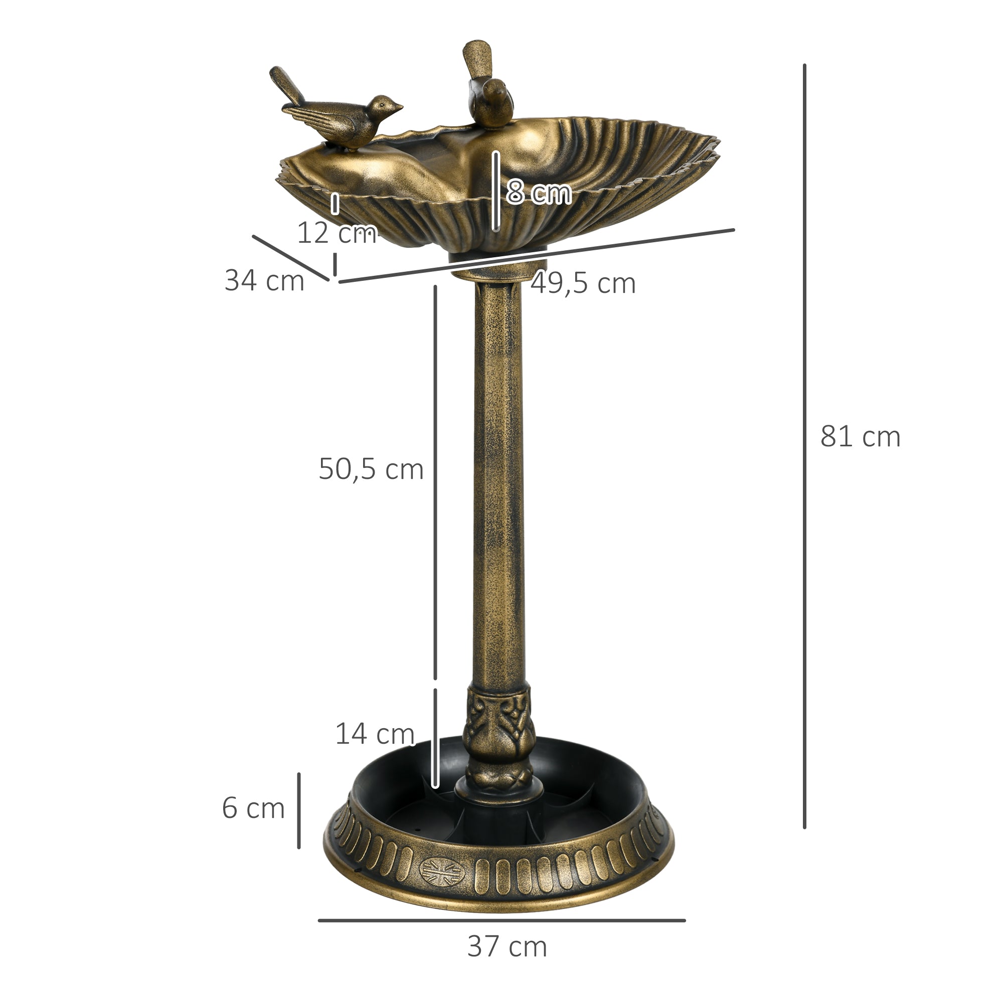 Outsunny Baño para Pájaros de Jardín al Aire Libre, Altura 81 cm, Comedero para Pájaros con Base de Pedestal, Diseño de Concha y Acabado Envejecido, Ligero y Resistente, Bebedero para Aves, Bronce
