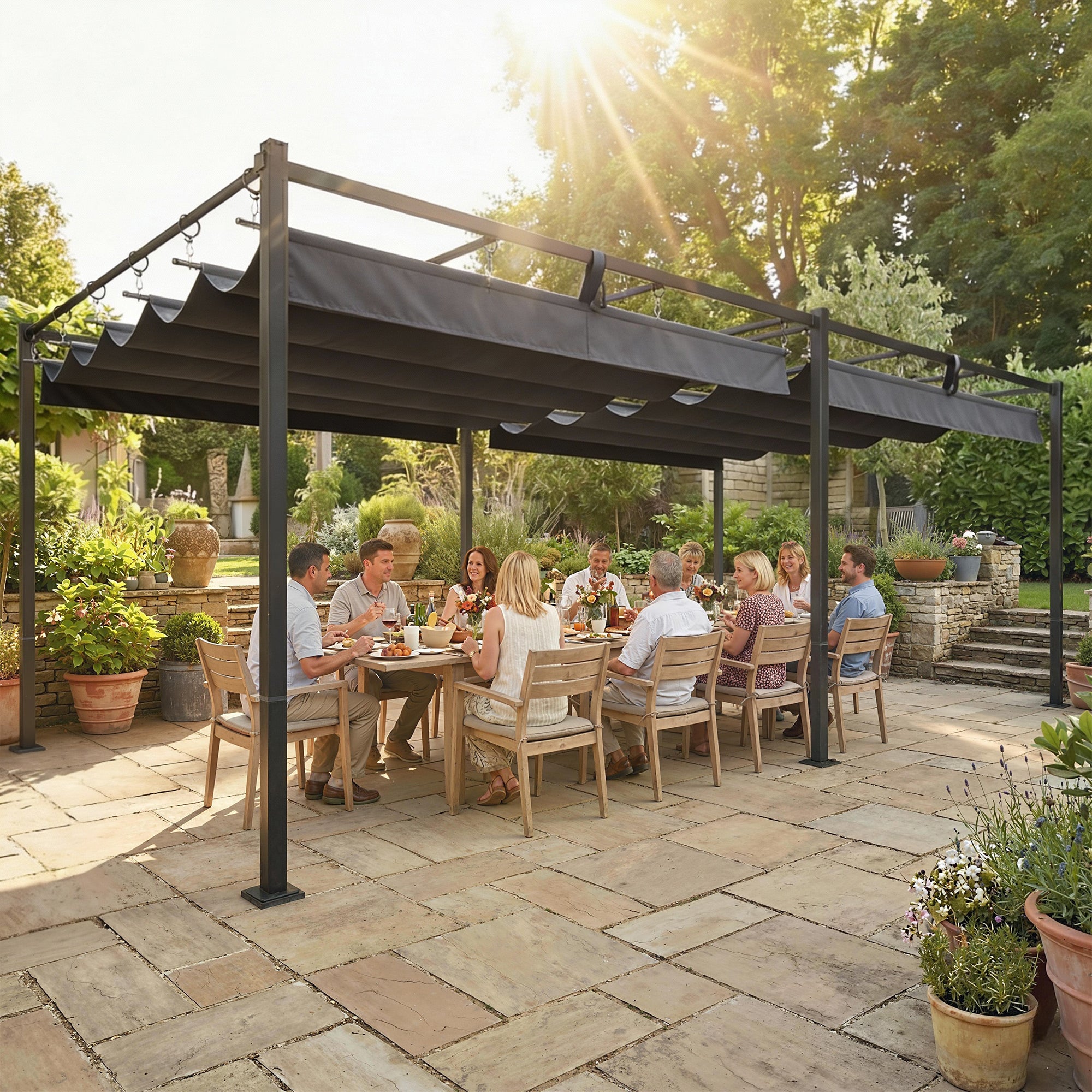 Outsunny Pérgola de Jardín 6x3 m con Techo Retráctil, Cenador de Jardín con Protección UPF50+, Drenaje, Estructura Metálica, Pabellón para Patio, Terraza, Exterior, Gris Oscuro