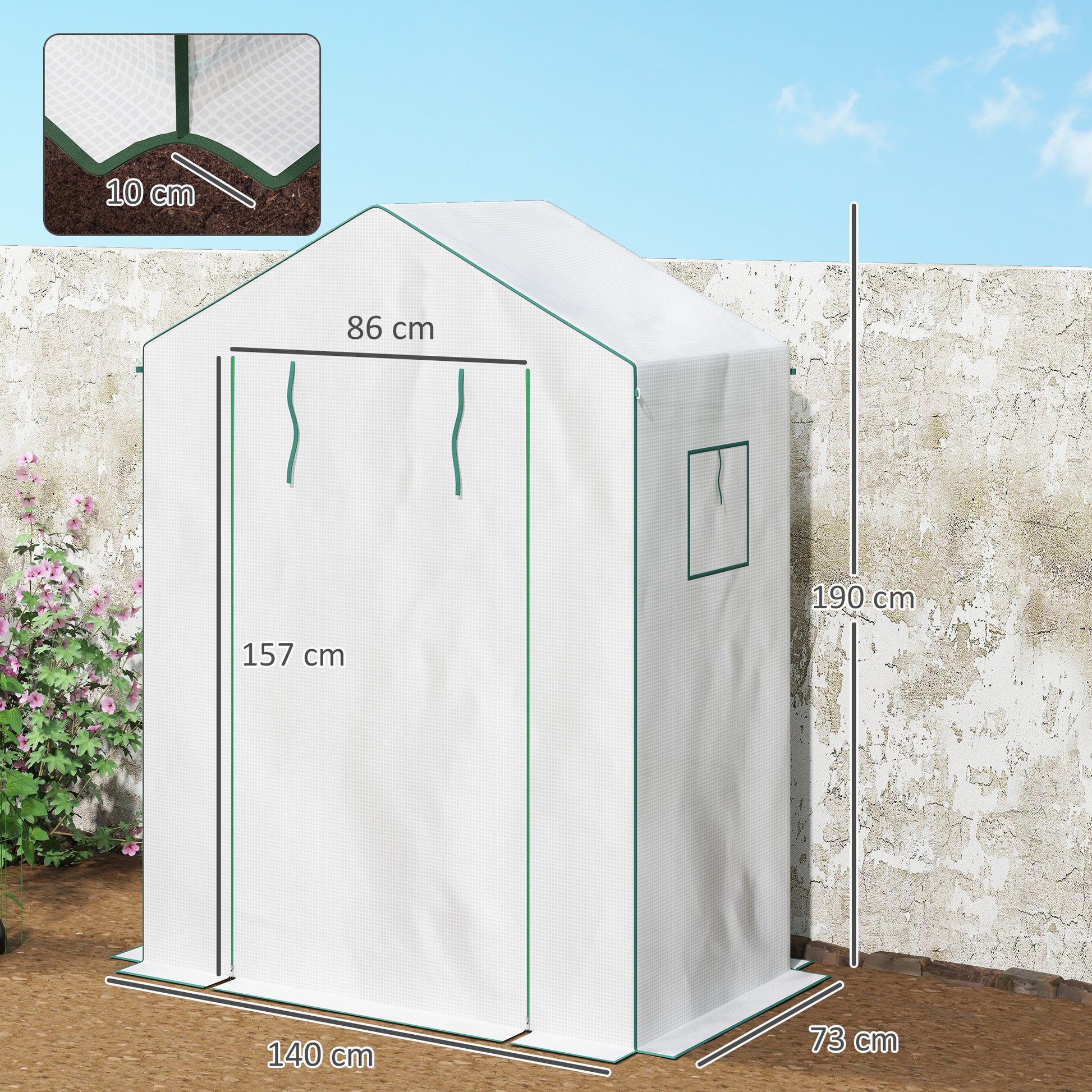 Outsunny Invernadero de Exterior de 3 Niveles Invernadero de Jardín con Puerta Enrollable 2 Ventanas Estantes en Forma de U para Cultivo de Plantas en Terraza Patio 140x73x190 cm Blanco
