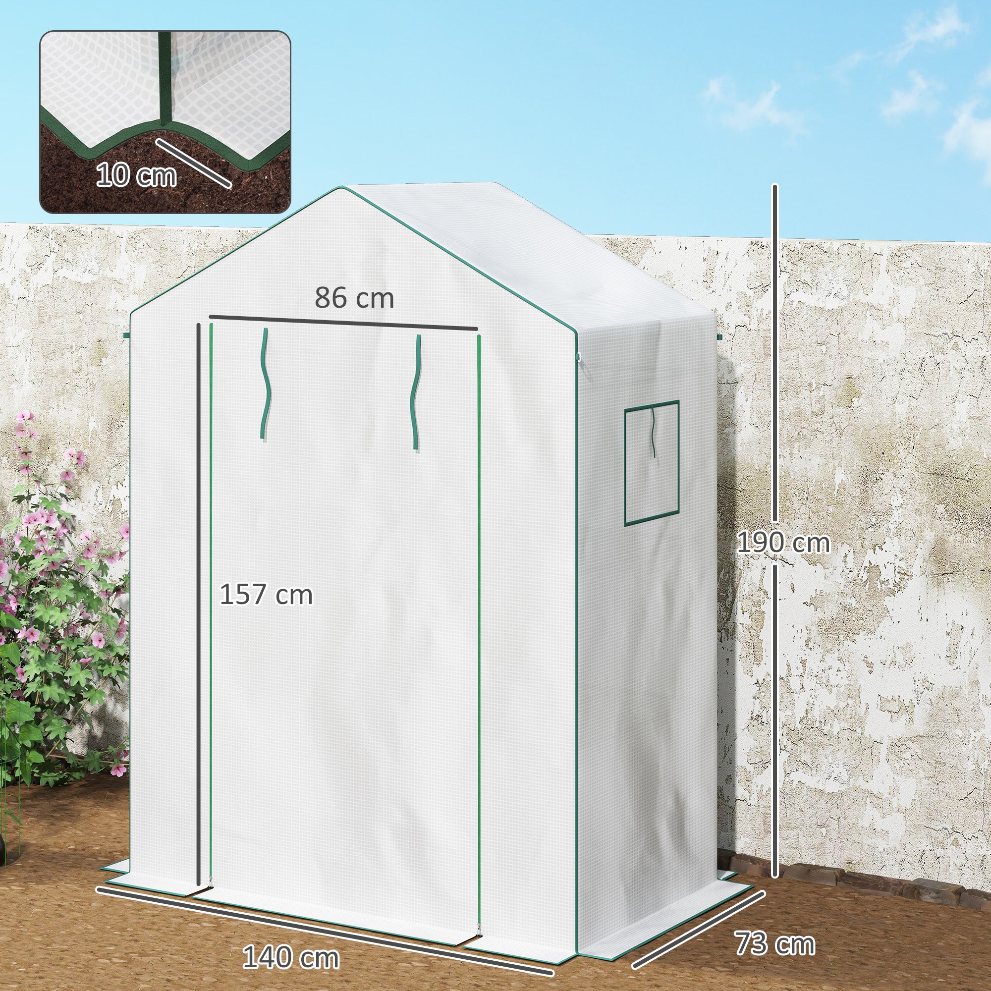 Outsunny Invernadero de Exterior de 3 Niveles Invernadero de Jardín con Puerta Enrollable 2 Ventanas Estantes en Forma de U para Cultivo de Plantas en Terraza Patio 140x73x190 cm Blanco