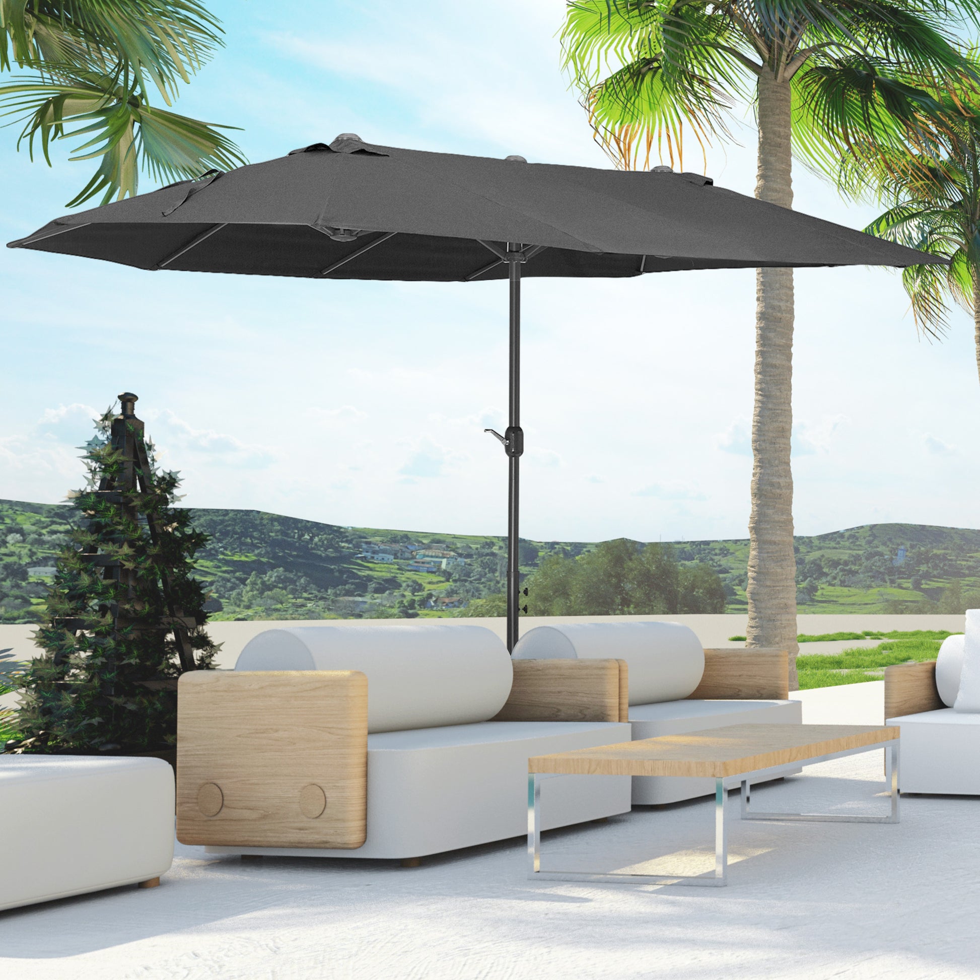 Outsunny Sombrilla Doble 4,55x2,65 m Sombrilla Terraza Exterior con Manivela Manual Resistente al Agua y Protección Solar Sombrilla Grande para Terraza Playa Piscina Negro