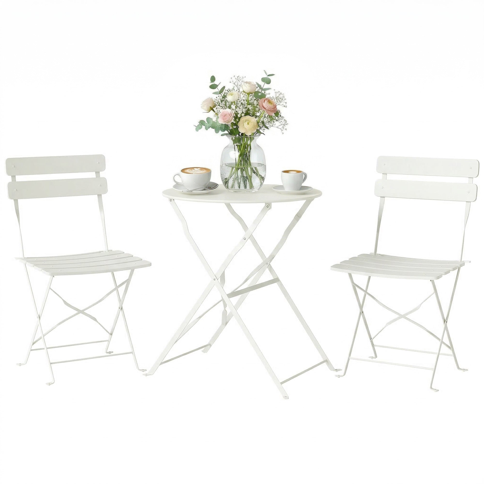 Outsunny Conjunto de Mesa y Sillas de Terraza Exterior Plegable 3 Piezas, Muebles de Jardín Exterior con 2 Sillas Plegables, Mesa Redonda, Estructura Metálica Electrofórica para Patio, Balcón, Crema