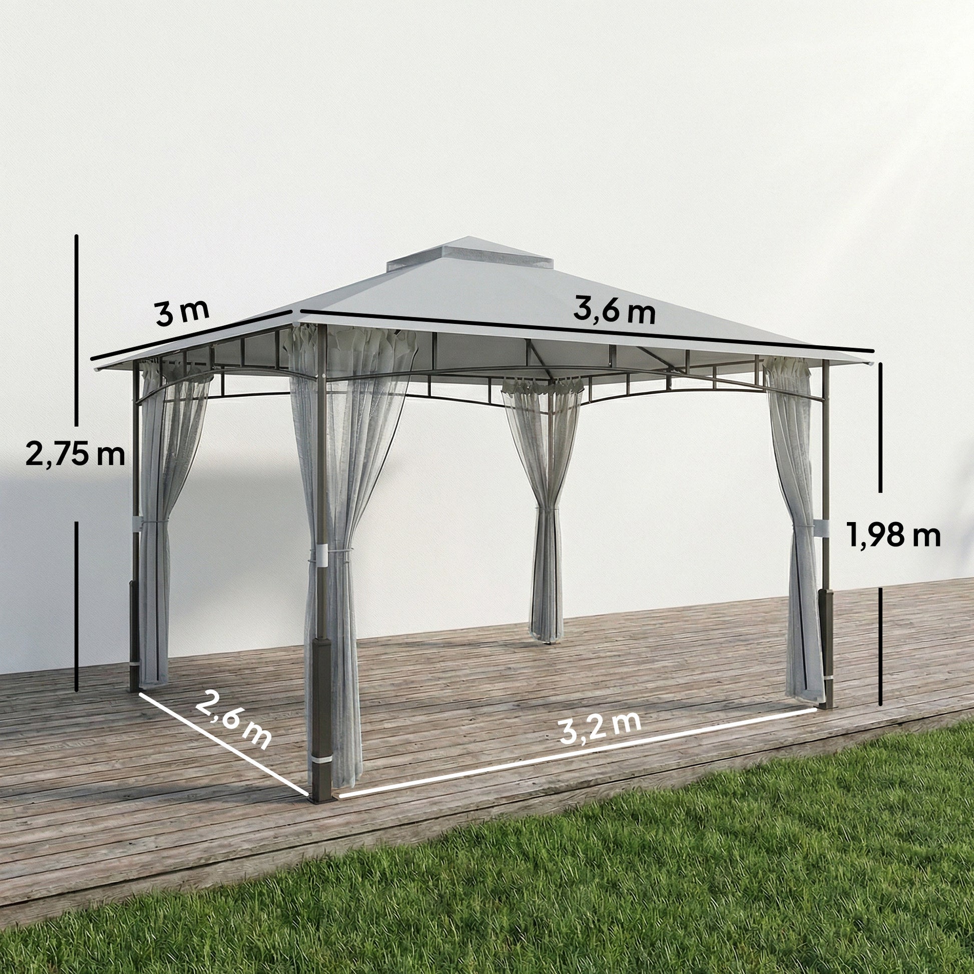 Outsunny Cenador para Jardín 3x3,6 m, Pabellón de Jardín Gazebo con Doble Techo, Paredes de Malla, UPF50+, Estructura de Metal, Carpa para Exterior, Terraza, Patio, Gris