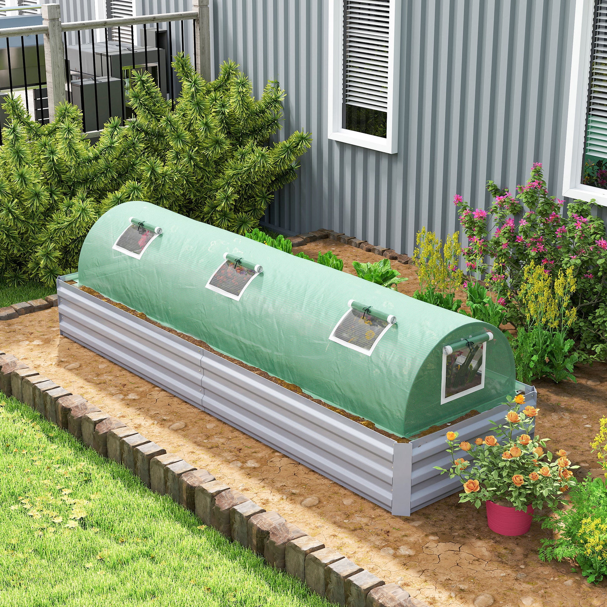 Outsunny Invernadero de Exterior, 300x80x45 cm, Invernadero de Jardín con 5 Ventanas Enrollables de Malla, Marco de Acero y Cubierta de PE 140g/㎡ Anti-UV para Cultivos, Plantas, Flores, Verde