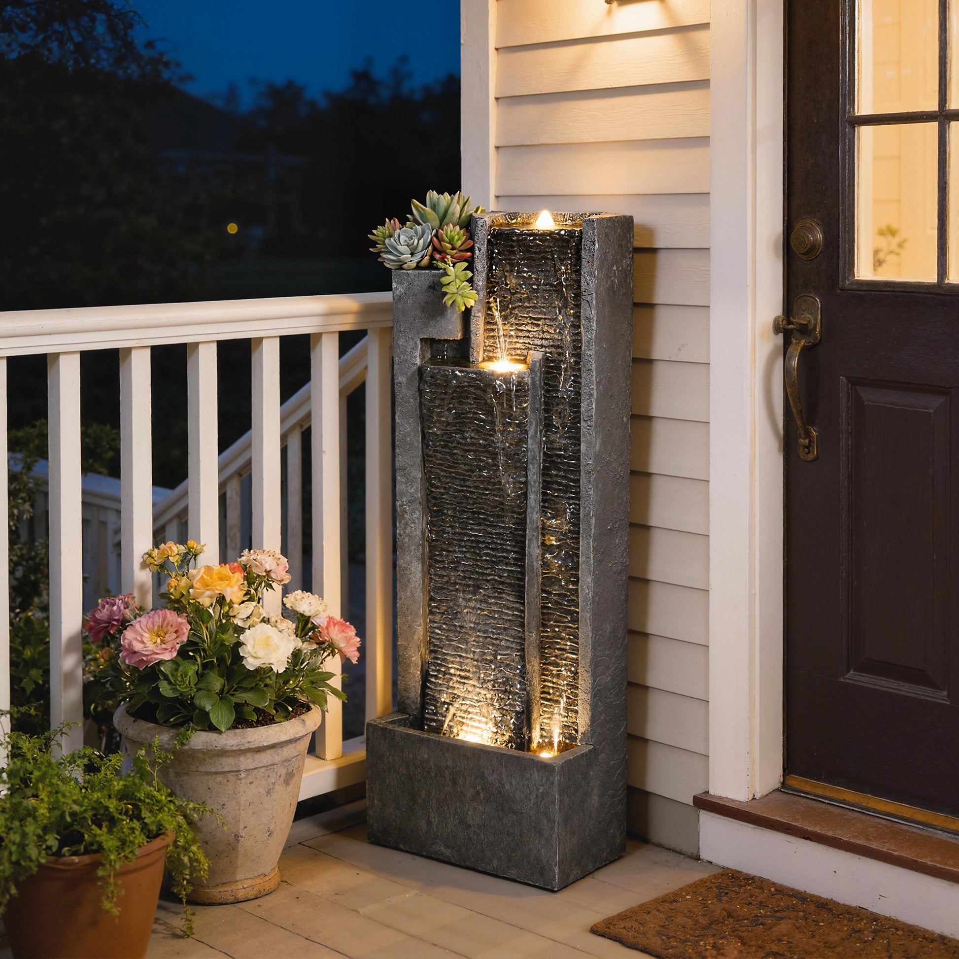 Outsunny Fuente de Agua Decorativa con Iluminación LED y Maceta, Fuente de Jardín Exteror en Cascada de 3 Niveles, con Bomba, Resistente a la intemperie, para Jardín, Patio, 38x19x101 cm, Gris Oscuro