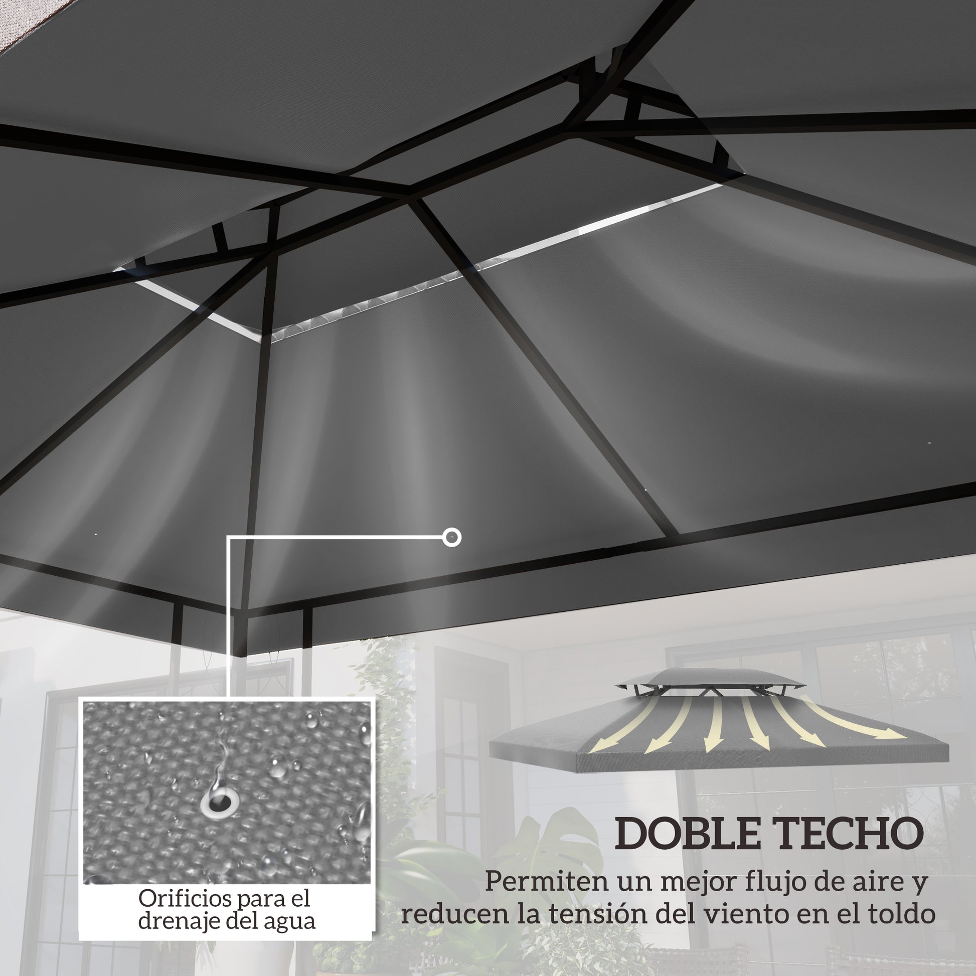 Outsunny Techo de Repuesto para Cenador 4x3 m Cubierta de Repuesto con Techo Doble 10 Orificios de Drenaje y Protección UV Toldo de Recambio para Pabellón Gazebo Gris Claro