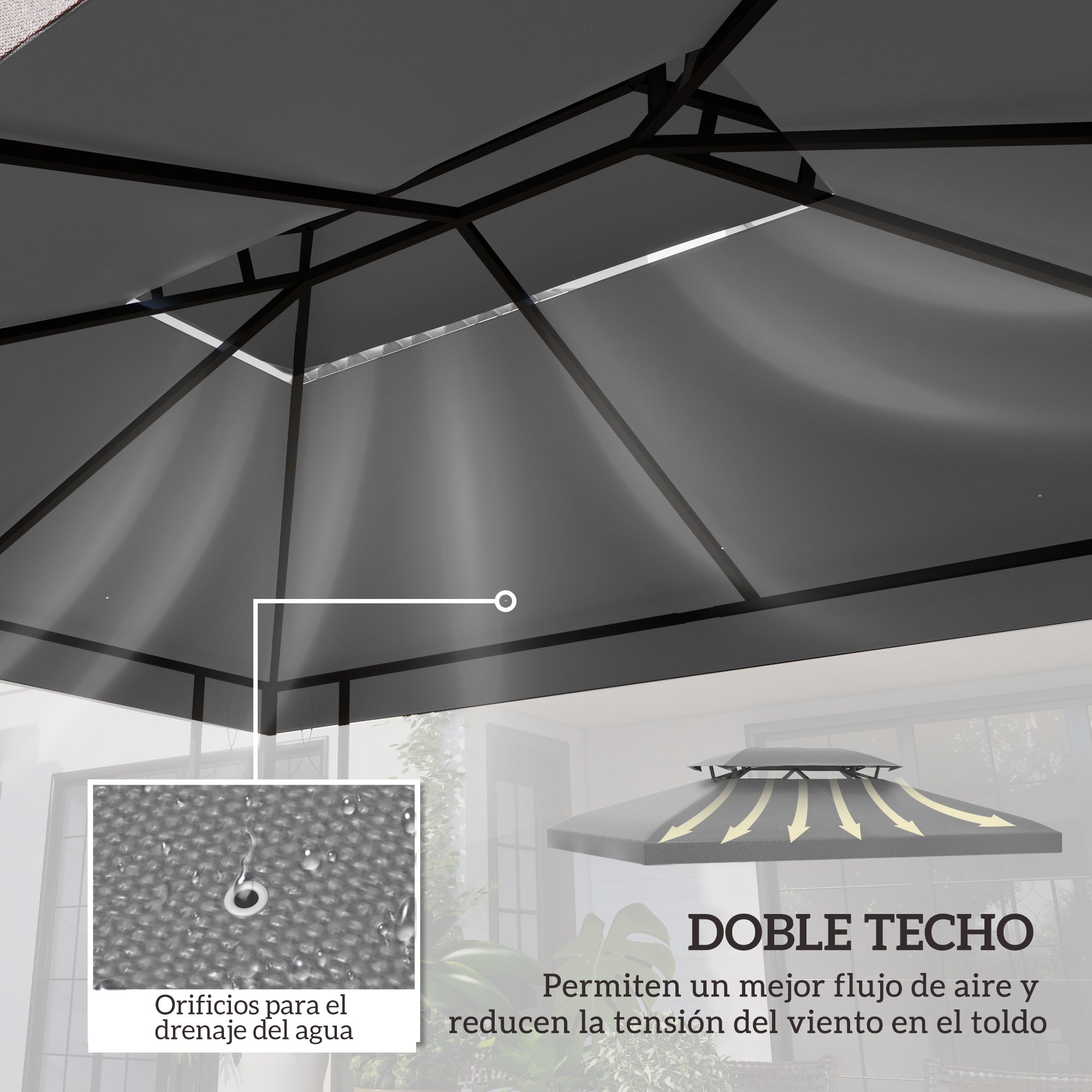 Outsunny Techo de Repuesto para Cenador 4x3 m Cubierta de Repuesto con Techo Doble 10 Orificios de Drenaje y Protección UV Toldo de Recambio para Pabellón Gazebo Gris Claro
