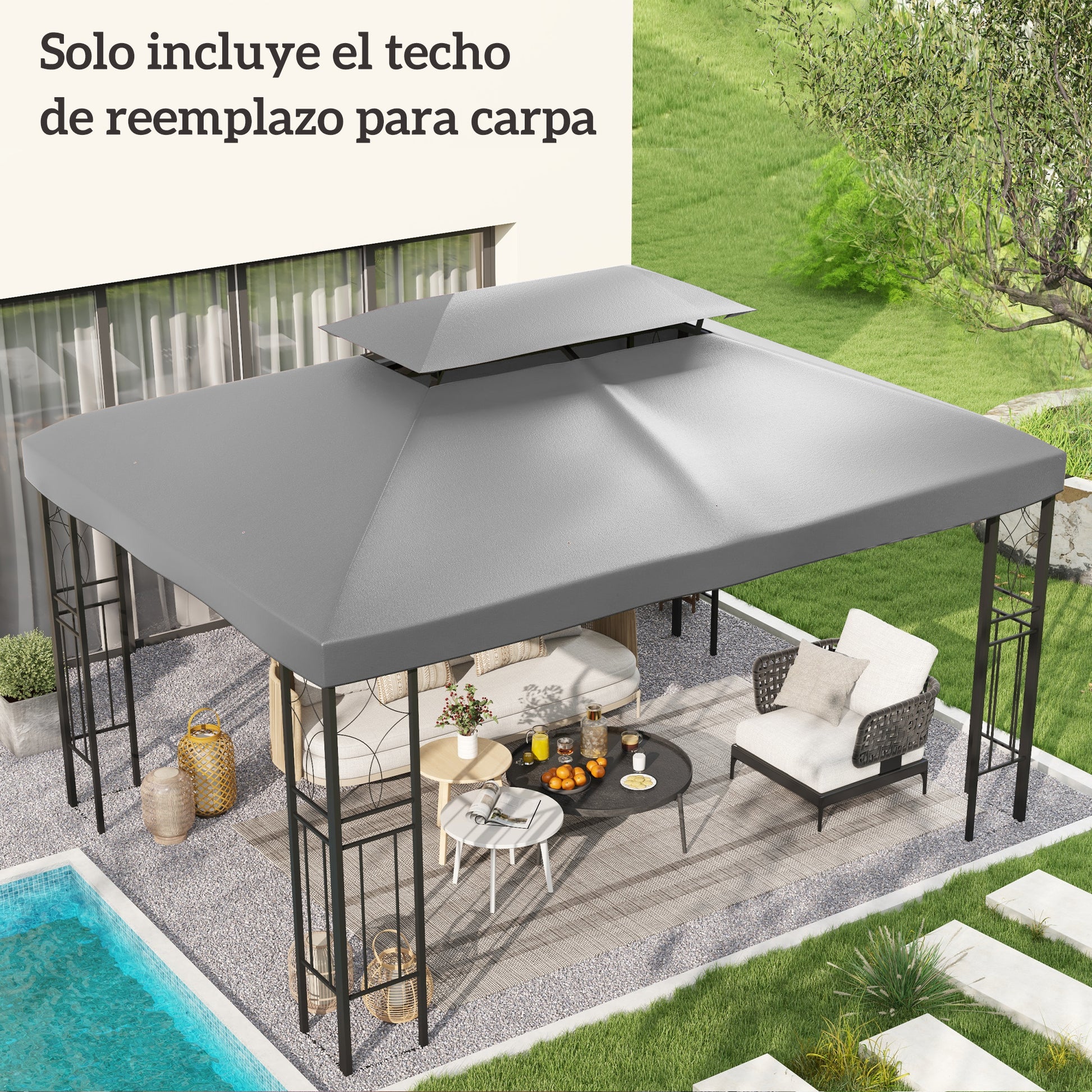 Outsunny Techo de Repuesto para Cenador 4x3 m Cubierta de Repuesto con Techo Doble 10 Orificios de Drenaje y Protección UV Toldo de Recambio para Pabellón Gazebo Gris Claro