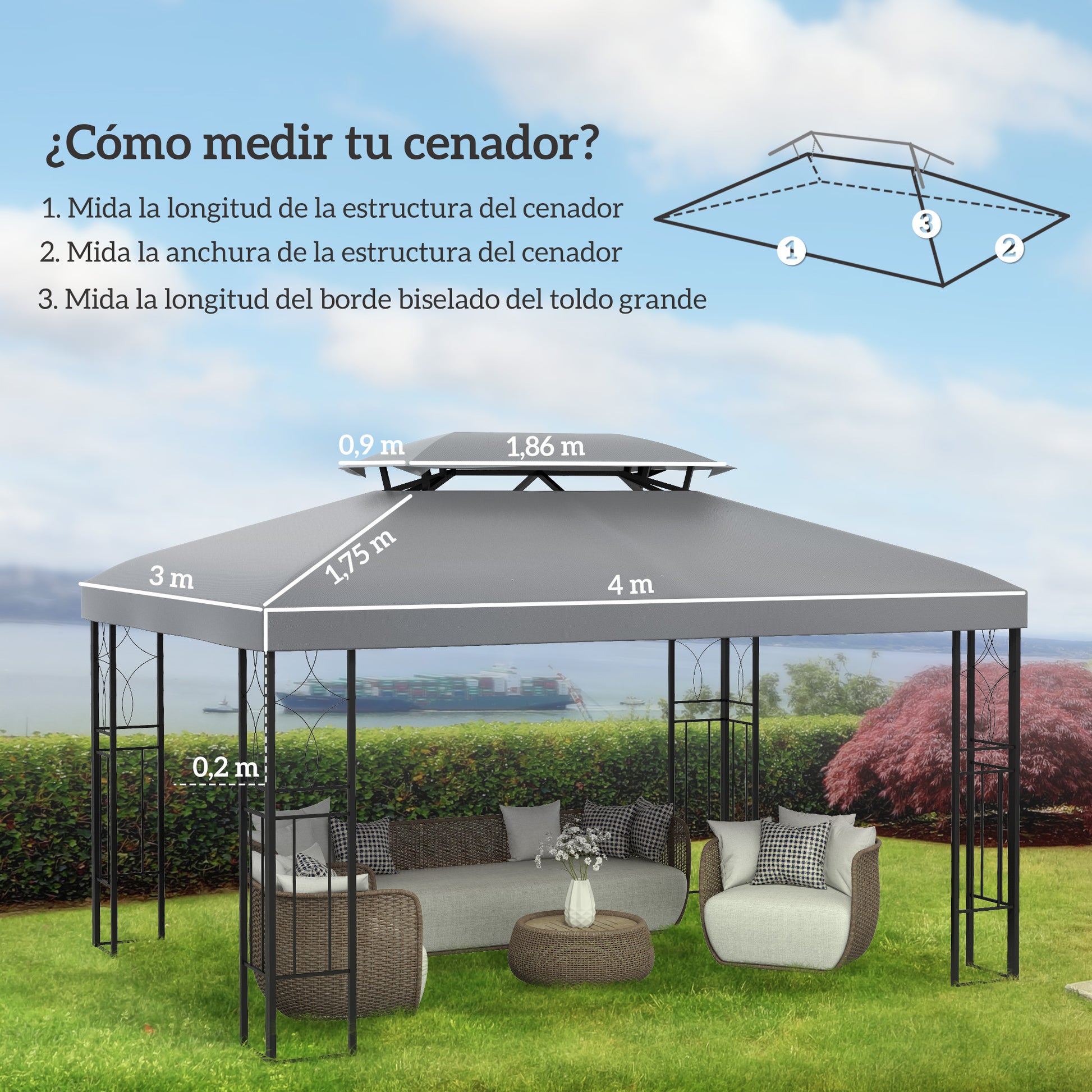 Outsunny Techo de Repuesto para Cenador 4x3 m Cubierta de Repuesto con Techo Doble 10 Orificios de Drenaje y Protección UV Toldo de Recambio para Pabellón Gazebo Gris Claro