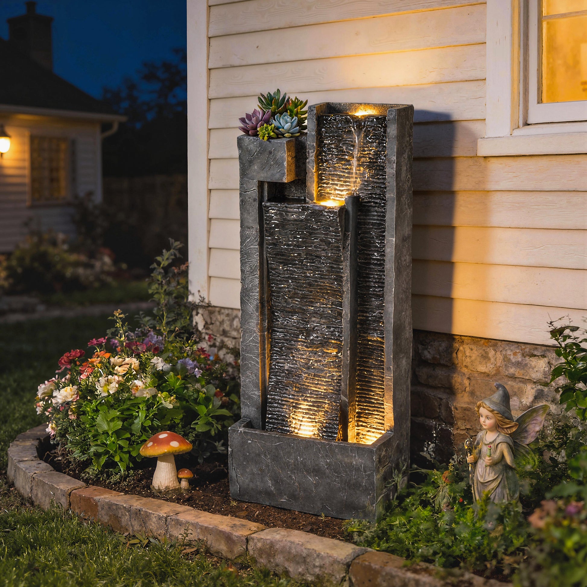 Outsunny Fuente de Agua Decorativa con Iluminación LED y Maceta, Fuente de Jardín Exteror en Cascada de 3 Niveles, con Bomba, Resistente a la intemperie, para Jardín, Patio, 38x19x101 cm, Gris Oscuro