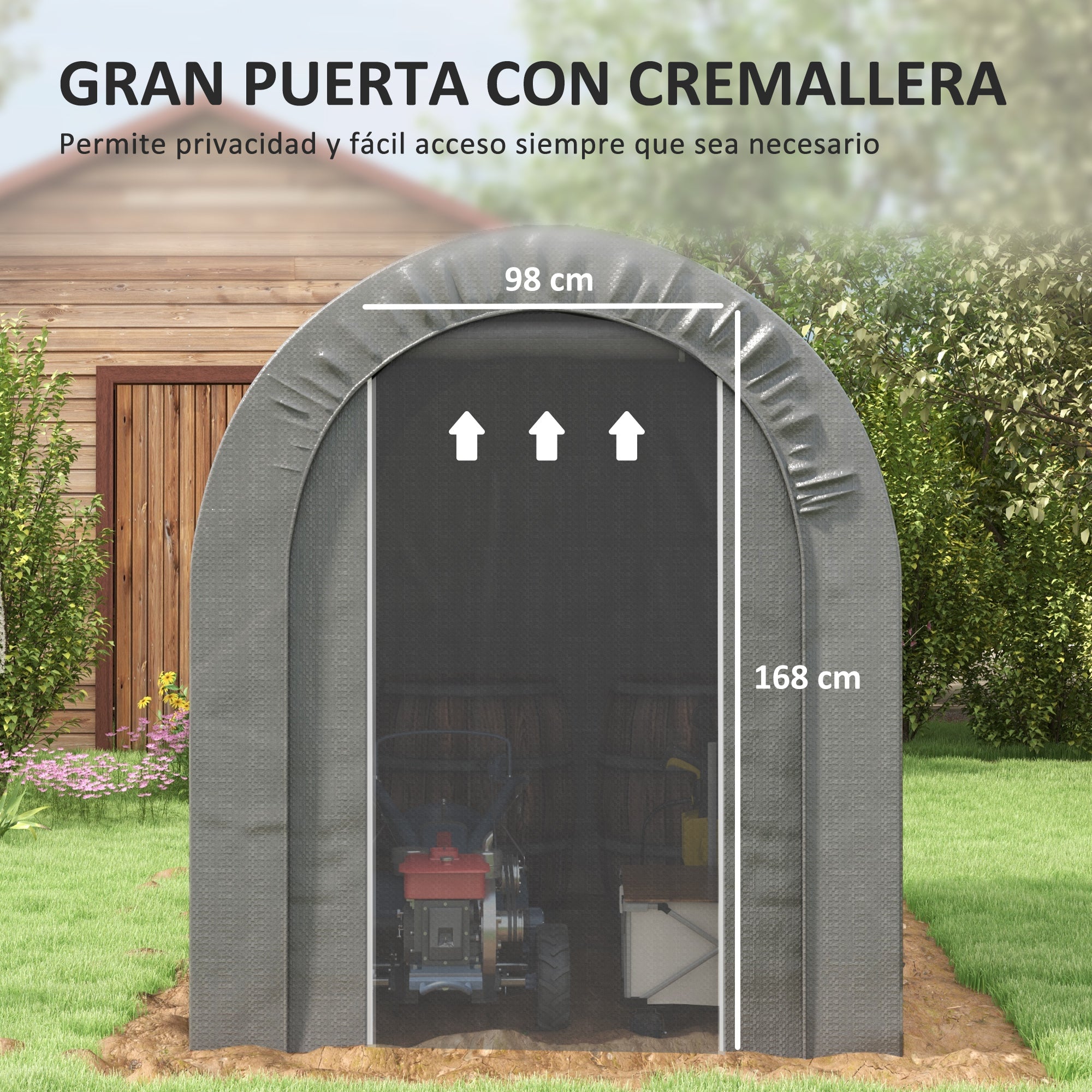 Outsunny Carpa de Jardín Exterior para Herramientas, Bicicletas, 2,4x1,6x1,9 m, Cobertizo Exterior con Marco de Acero, Puerta Enrollable con Cremallera, Impermeable, Garaje Portátil, Gris Claro