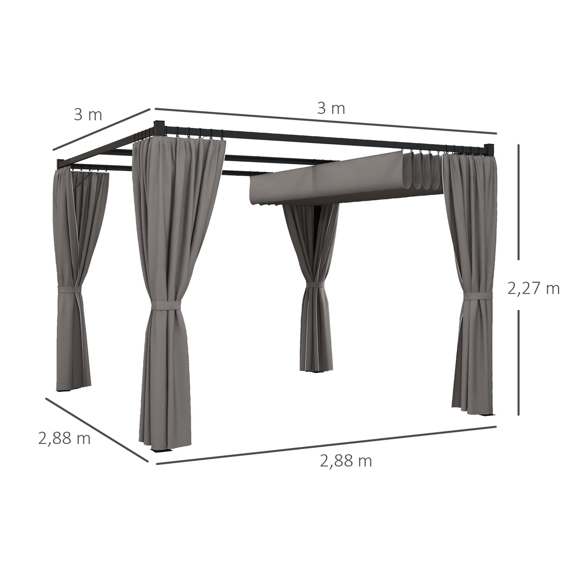 Outsunny Pérgola con Techo Retráctil Pérgola de Jardín 3x3 m Cenador con Paredes Laterales Tela de Poliéster Resistente al Agua Pabellón para Jardín Patio Terraza Exterior Gris