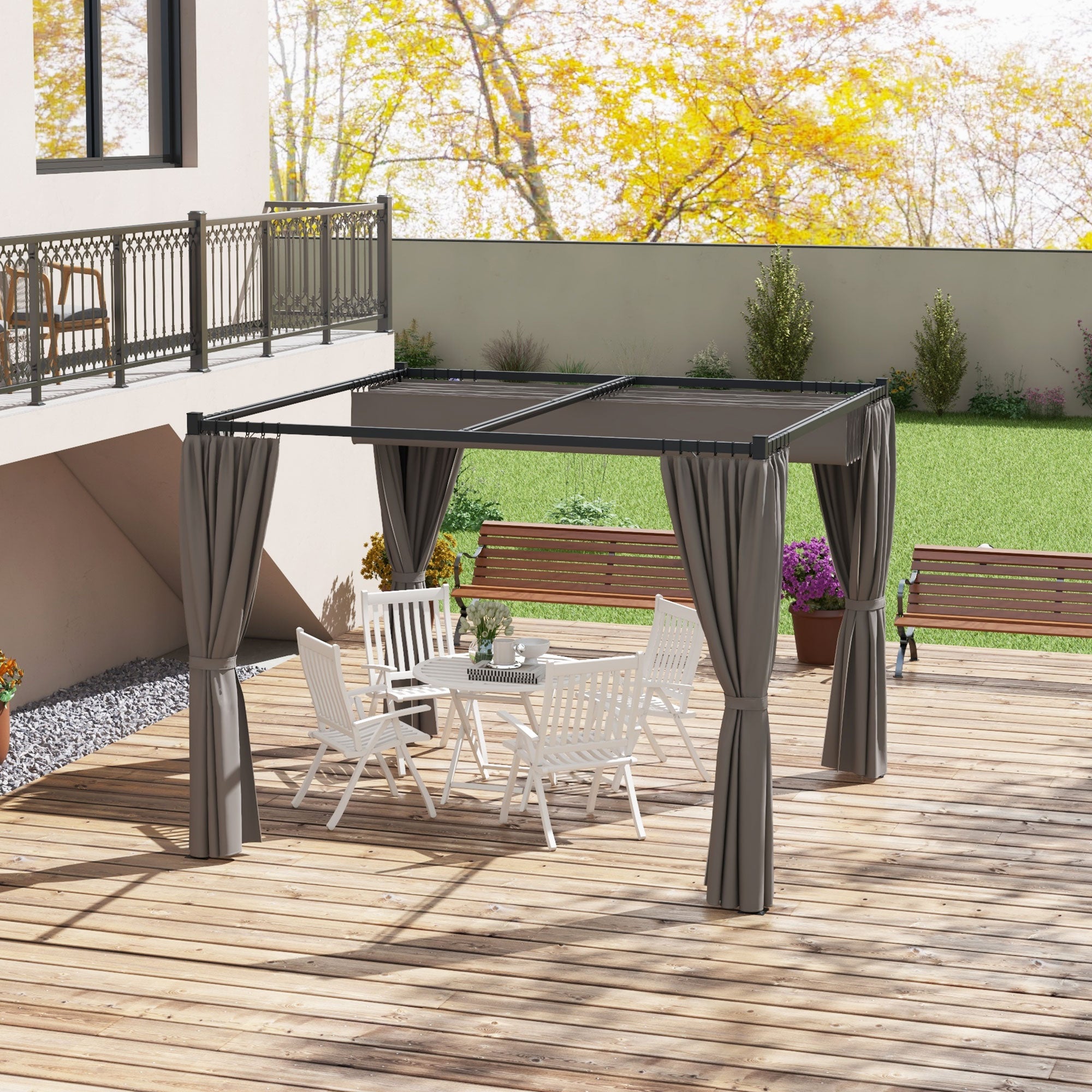 Outsunny Pérgola con Techo Retráctil Pérgola de Jardín 3x3 m Cenador con Paredes Laterales Tela de Poliéster Resistente al Agua Pabellón para Jardín Patio Terraza Exterior Gris