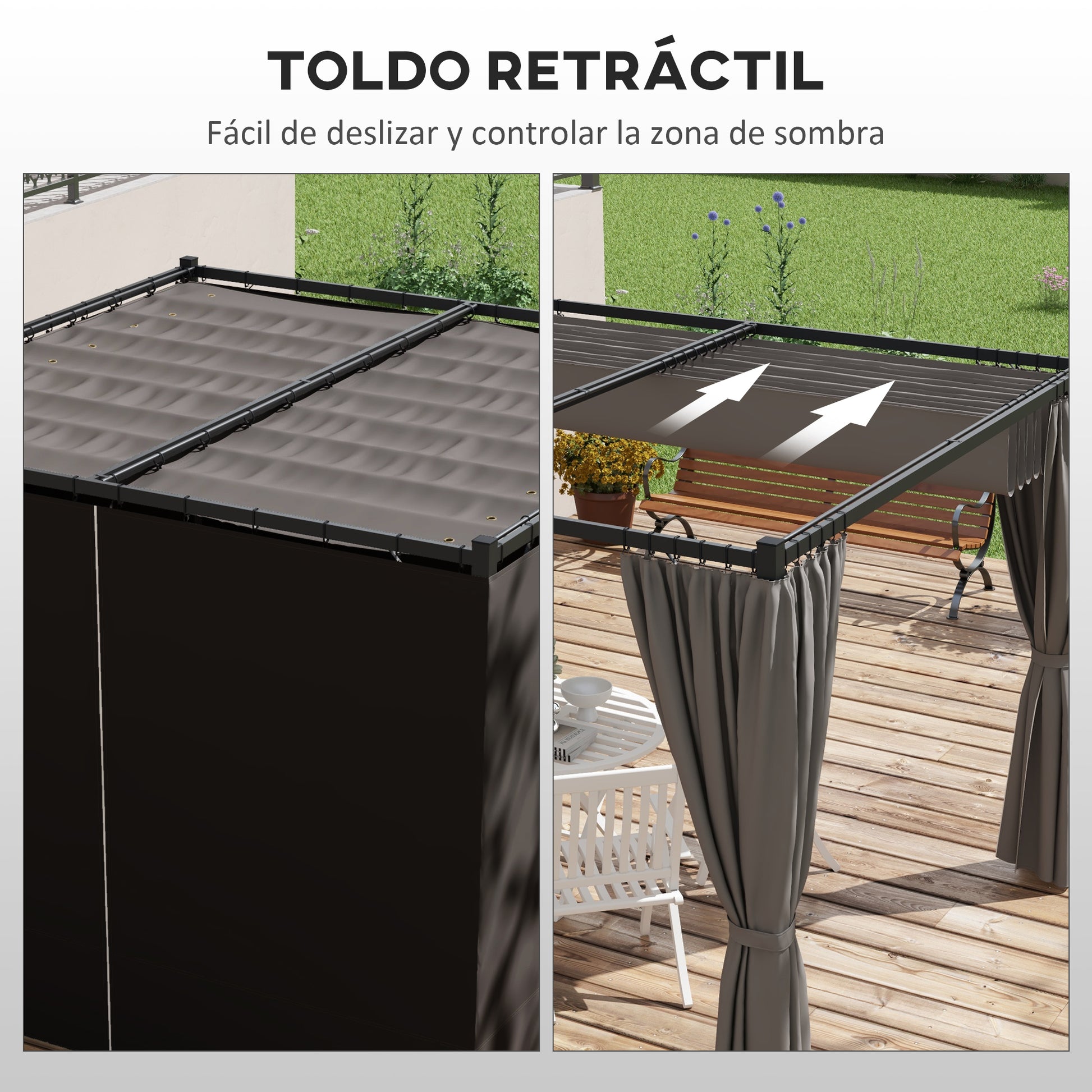 Outsunny Pérgola con Techo Retráctil Pérgola de Jardín 3x3 m Cenador con Paredes Laterales Tela de Poliéster Resistente al Agua Pabellón para Jardín Patio Terraza Exterior Gris