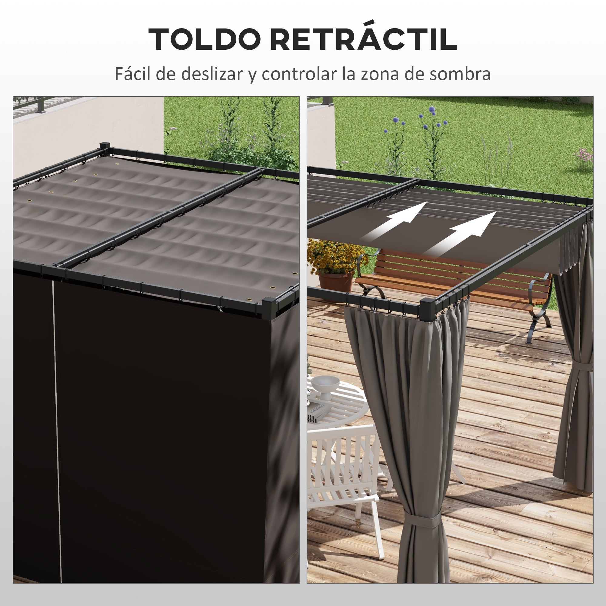 Outsunny Pérgola con Techo Retráctil Pérgola de Jardín 3x3 m Cenador con Paredes Laterales Tela de Poliéster Resistente al Agua Pabellón para Jardín Patio Terraza Exterior Gris