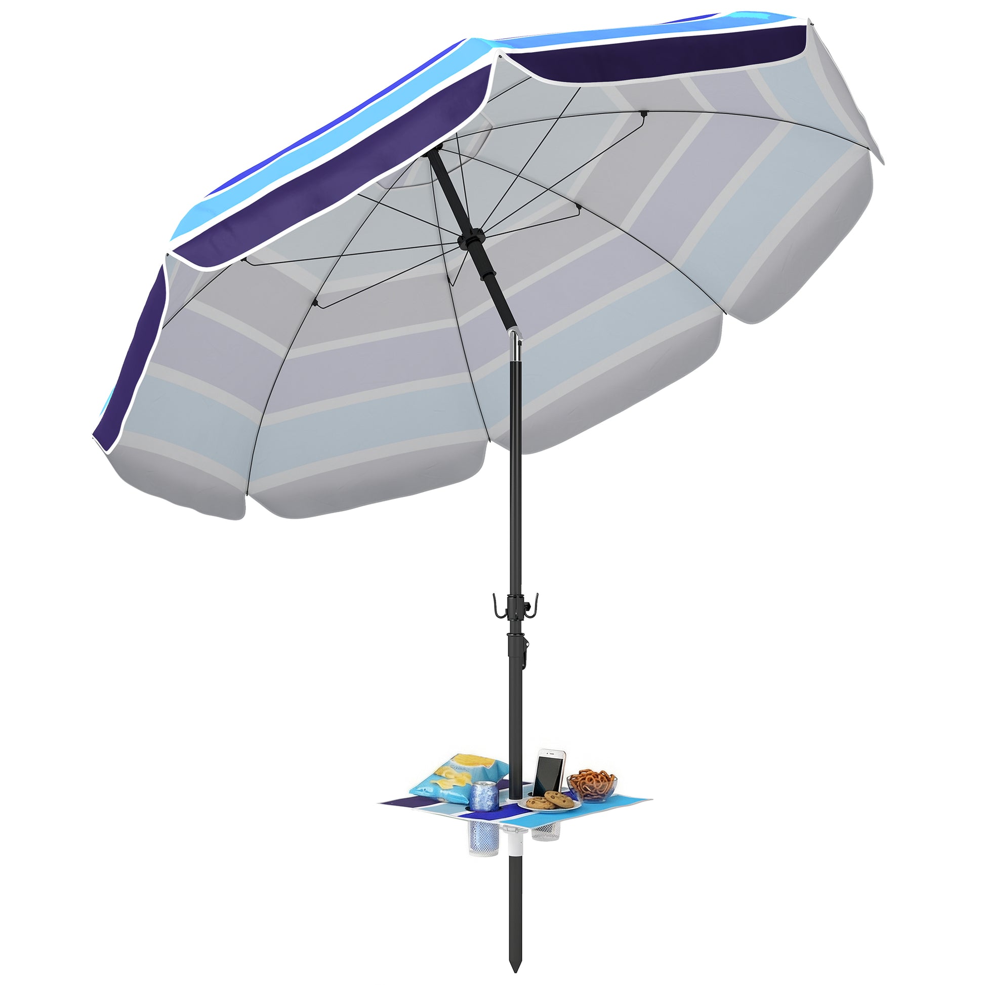 Outsunny Sombrilla de Playa con Mesa Plegable y Portavasos Ø198 cm, Sombrilla de Terraza Exterior con Altura Ajustable, Inclinación, Bolsa de Transporte y Gancho, UV30+, Multicolor