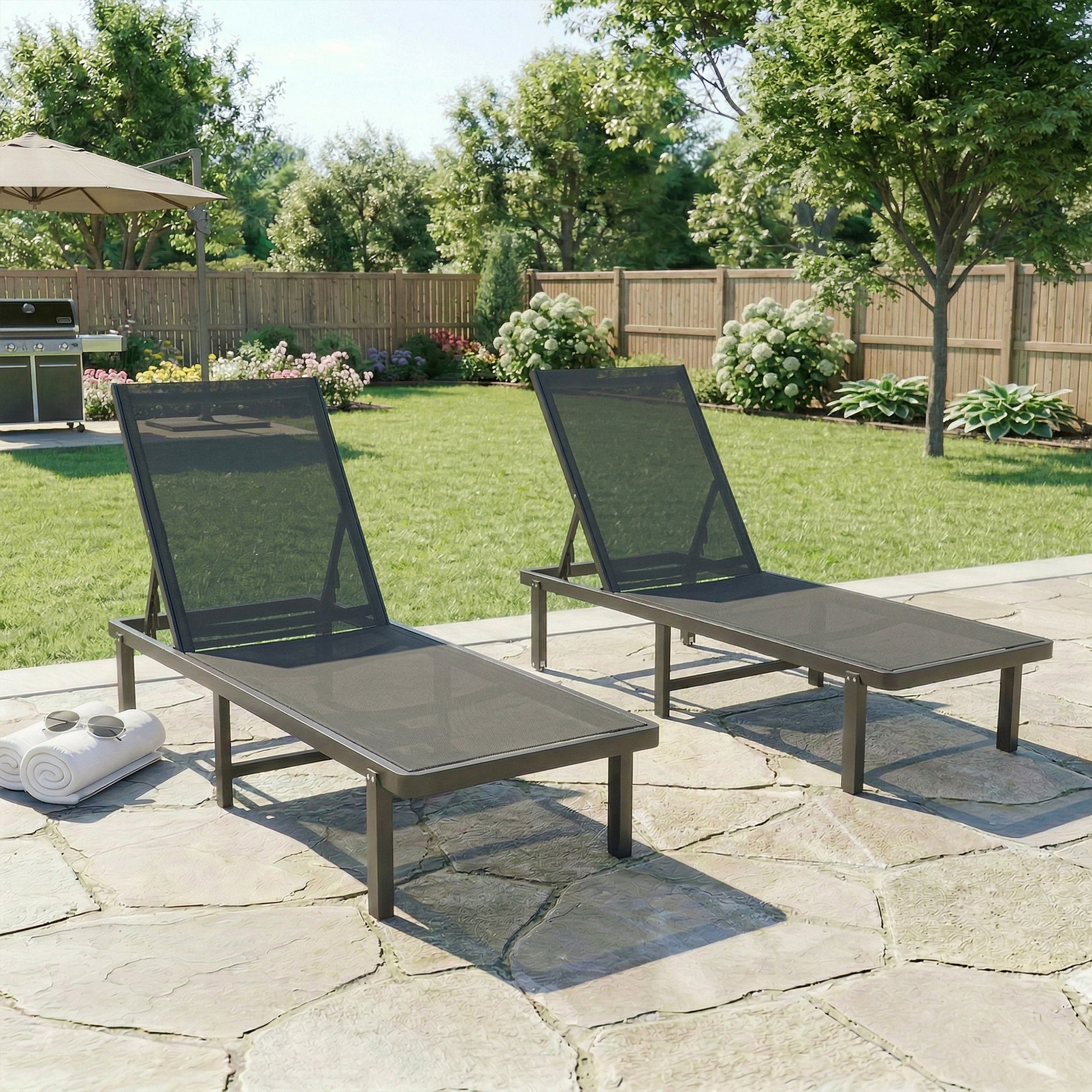 Outsunny Pack de 2 Tumbonas de Jardín Exterior, Tumbonas Reclinables con Ruedas, Respaldo Ajustable de 4 Niveles, Estructura de Aluminio y Tela Textilene, Resistentes, para Playa, Piscina, Gris Oscuro