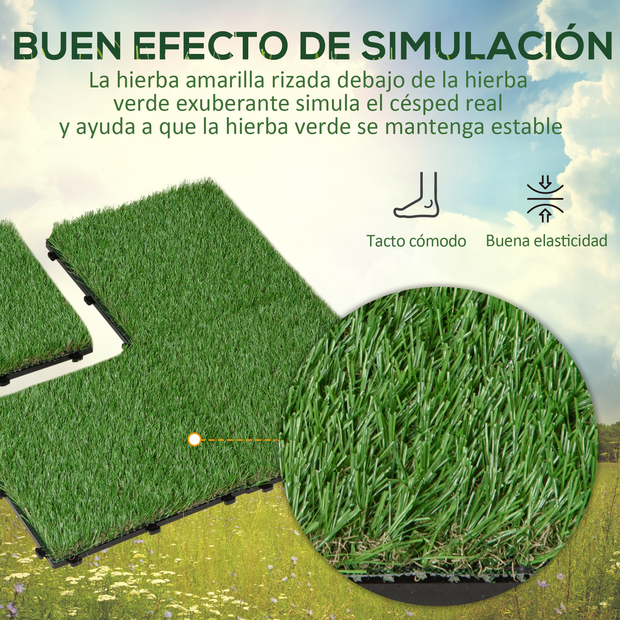 Outsunny Césped Artificial 30x30 cm 10 Piezas con Altura de Hierba 25mm Alta Densidad de 11000 Alfombra de Césped Artificial Césped Sintética para Jardín Terraza Exterior Verde