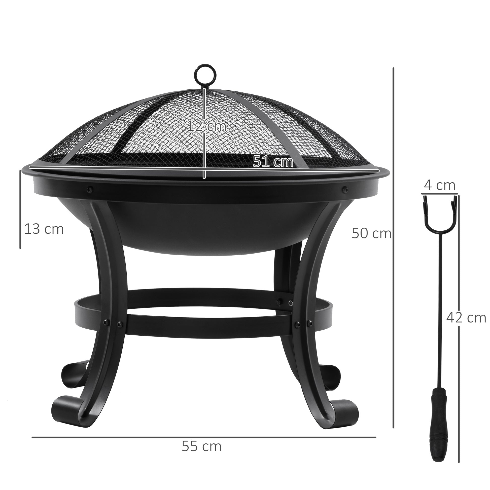 Outsunny Brasero Exterior para Jardín Pozo de Fuego de Acero con Protector de Chispas y Atizador para Hogueras en Terraza Camping Ø55x50 cm Negro