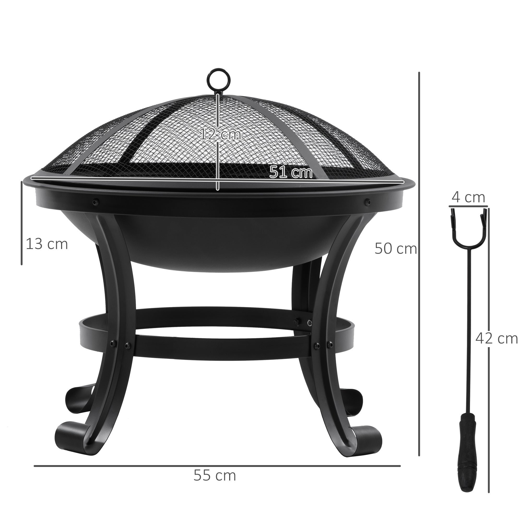 Outsunny Brasero Exterior para Jardín Pozo de Fuego de Acero con Protector de Chispas y Atizador para Hogueras en Terraza Camping Ø55x50 cm Negro