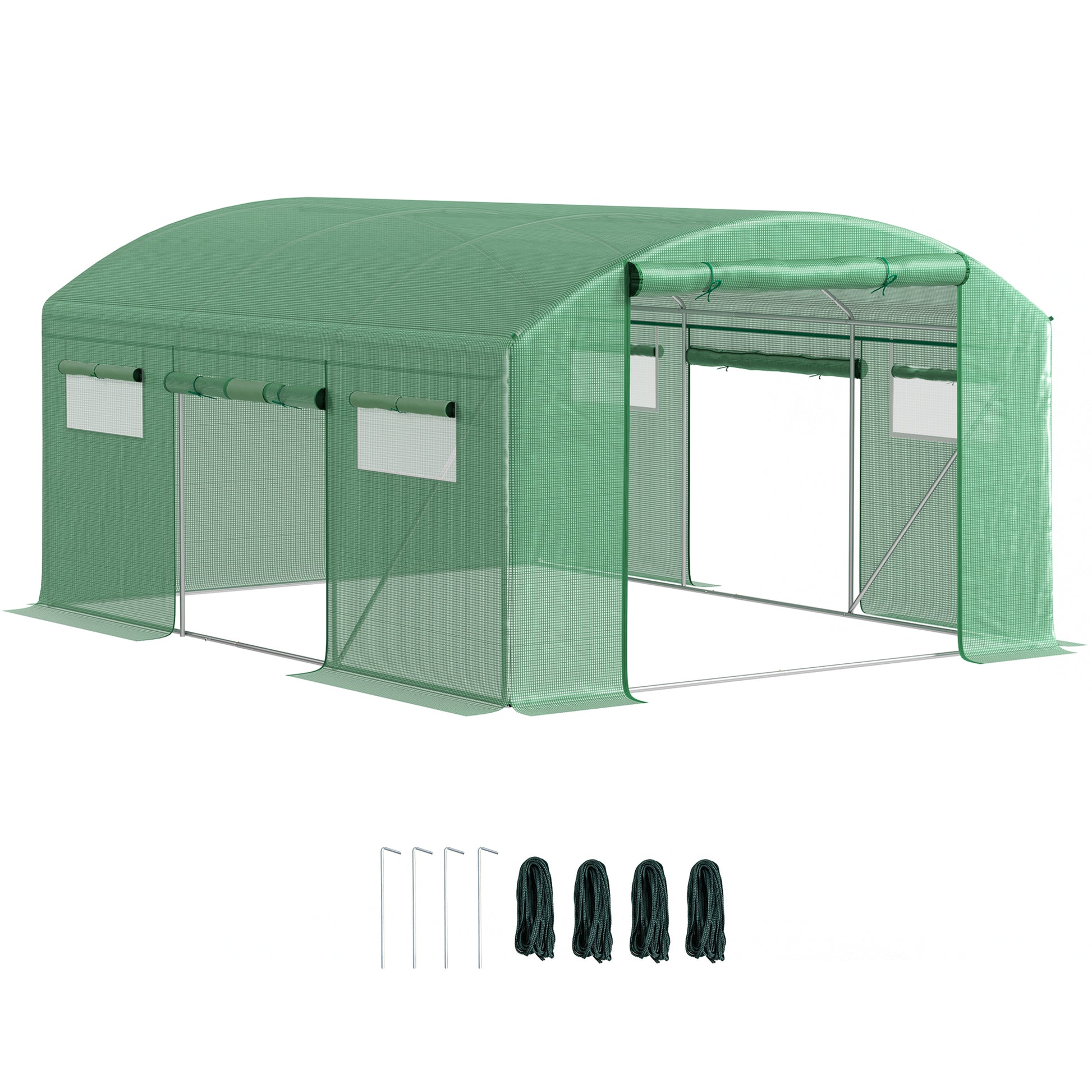 Outsunny Invernadero de Exterior 4x3x2 m Invernadero de Túnel con 6 Ventanas de Malla Cubierta de PE Anti-UV y 3 Puertas Enrollables con Cremallera para Jardín Patio Verde