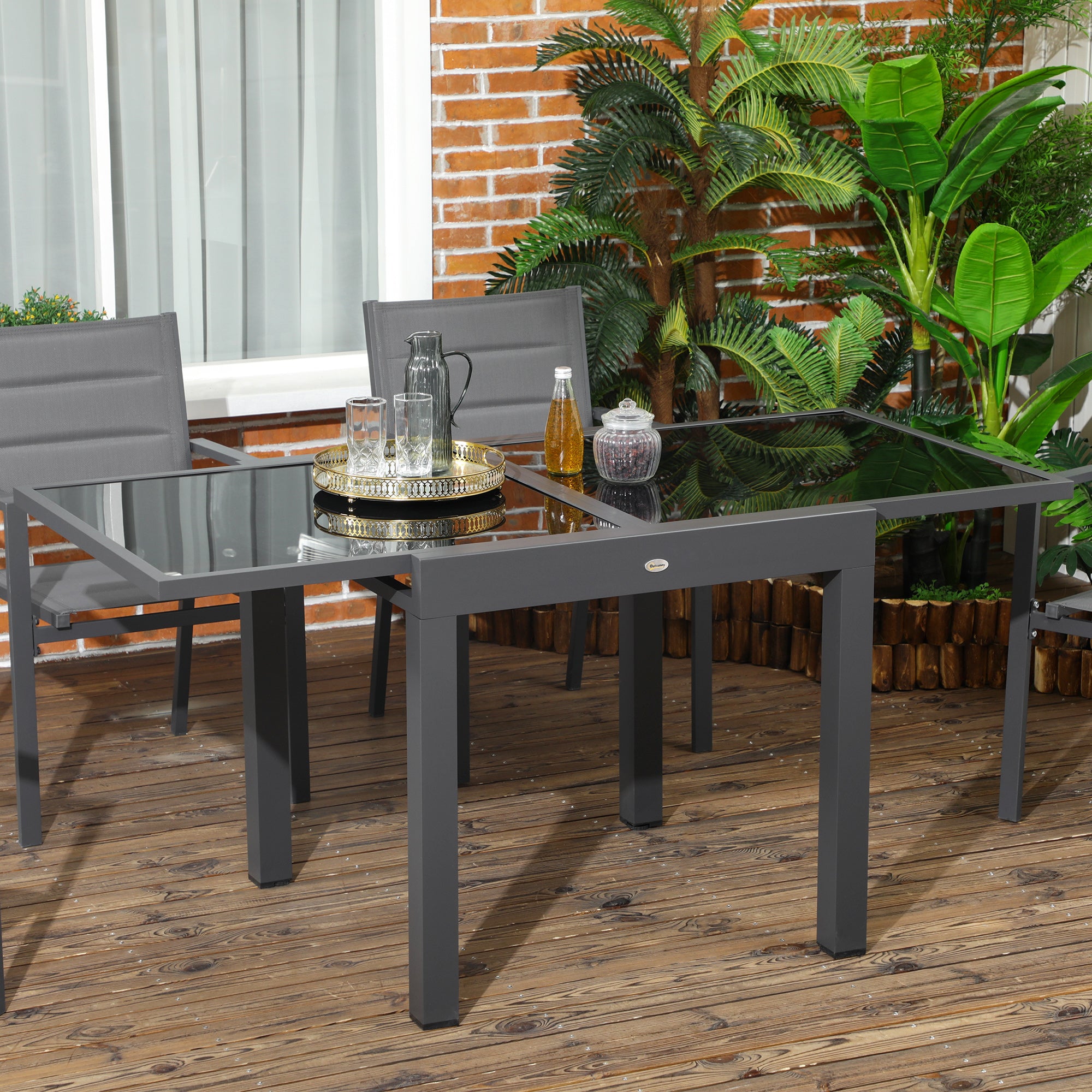 Outsunny Mesa de Jardín Extensible de Aluminio Mesa de Comedor Rectangular con Encimera de Vidrio Templado para 4-6 Personas Carga 50 kg para Terraza 80-160x80x75 cm Negro