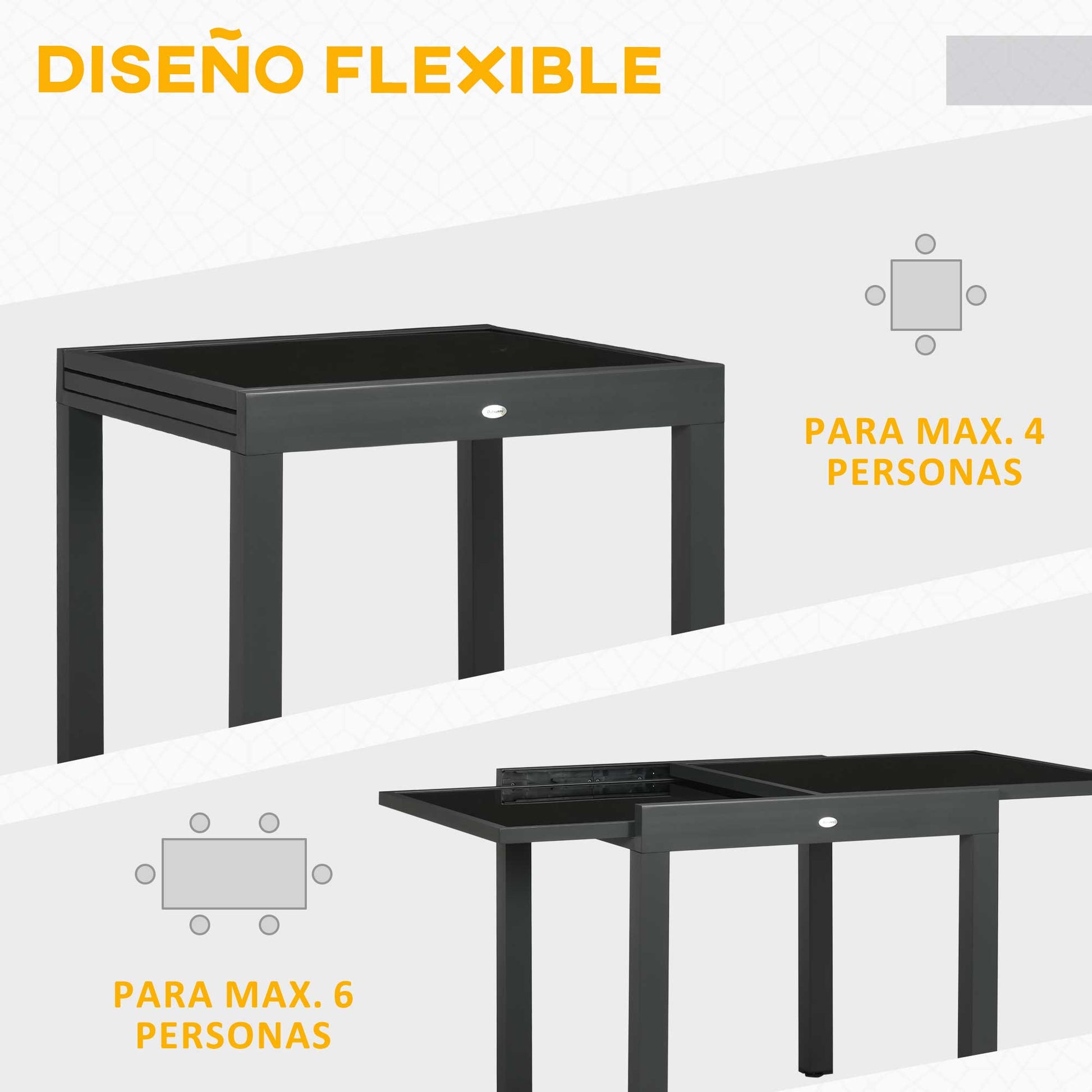 Outsunny Mesa de Jardín Extensible de Aluminio Mesa de Comedor Rectangular con Encimera de Vidrio Templado para 4-6 Personas Carga 50 kg para Terraza 80-160x80x75 cm Negro