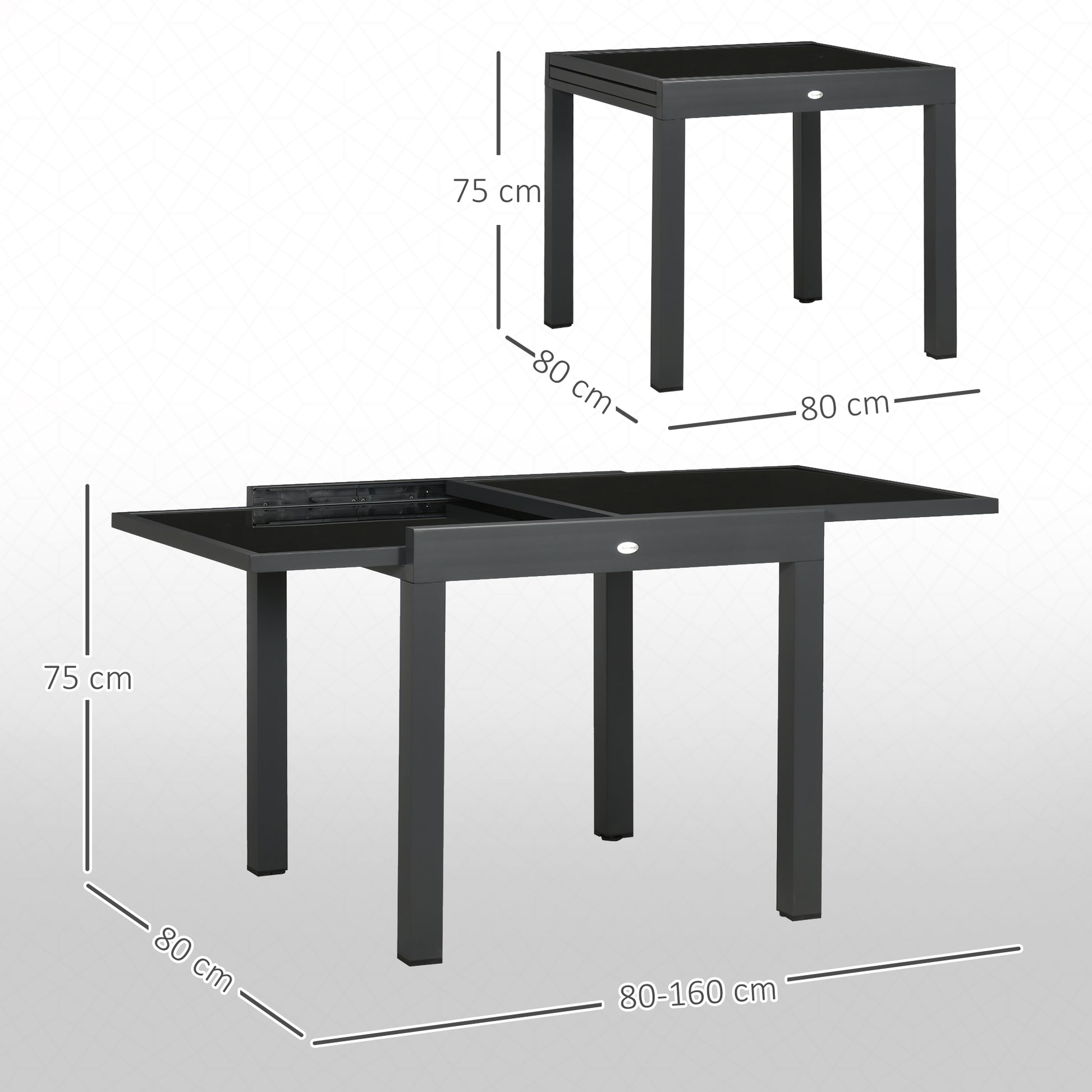 Outsunny Mesa de Jardín Extensible de Aluminio Mesa de Comedor Rectangular con Encimera de Vidrio Templado para 4-6 Personas Carga 50 kg para Terraza 80-160x80x75 cm Negro