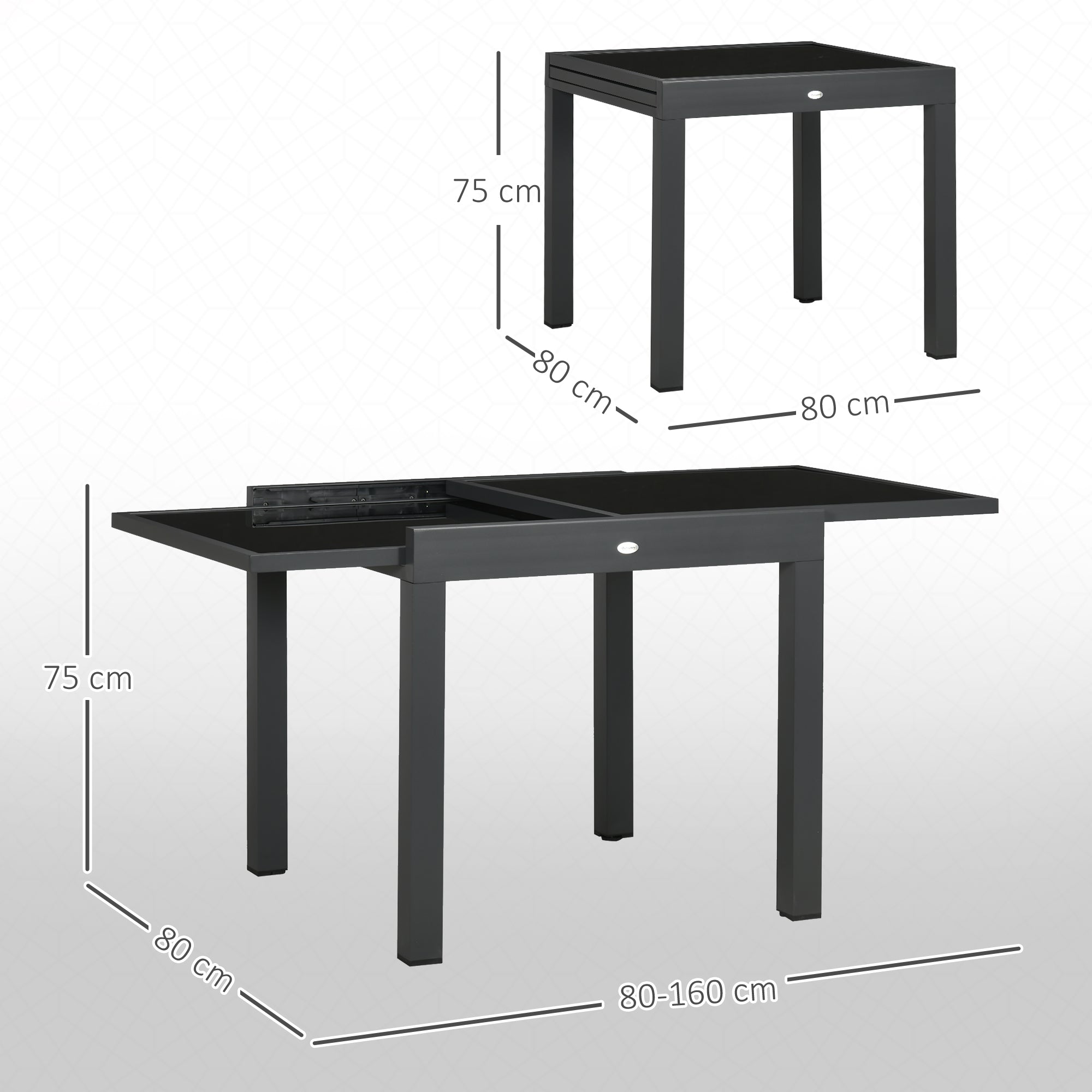 Outsunny Mesa de Jardín Extensible de Aluminio Mesa de Comedor Rectangular con Encimera de Vidrio Templado para 4-6 Personas Carga 50 kg para Terraza 80-160x80x75 cm Negro