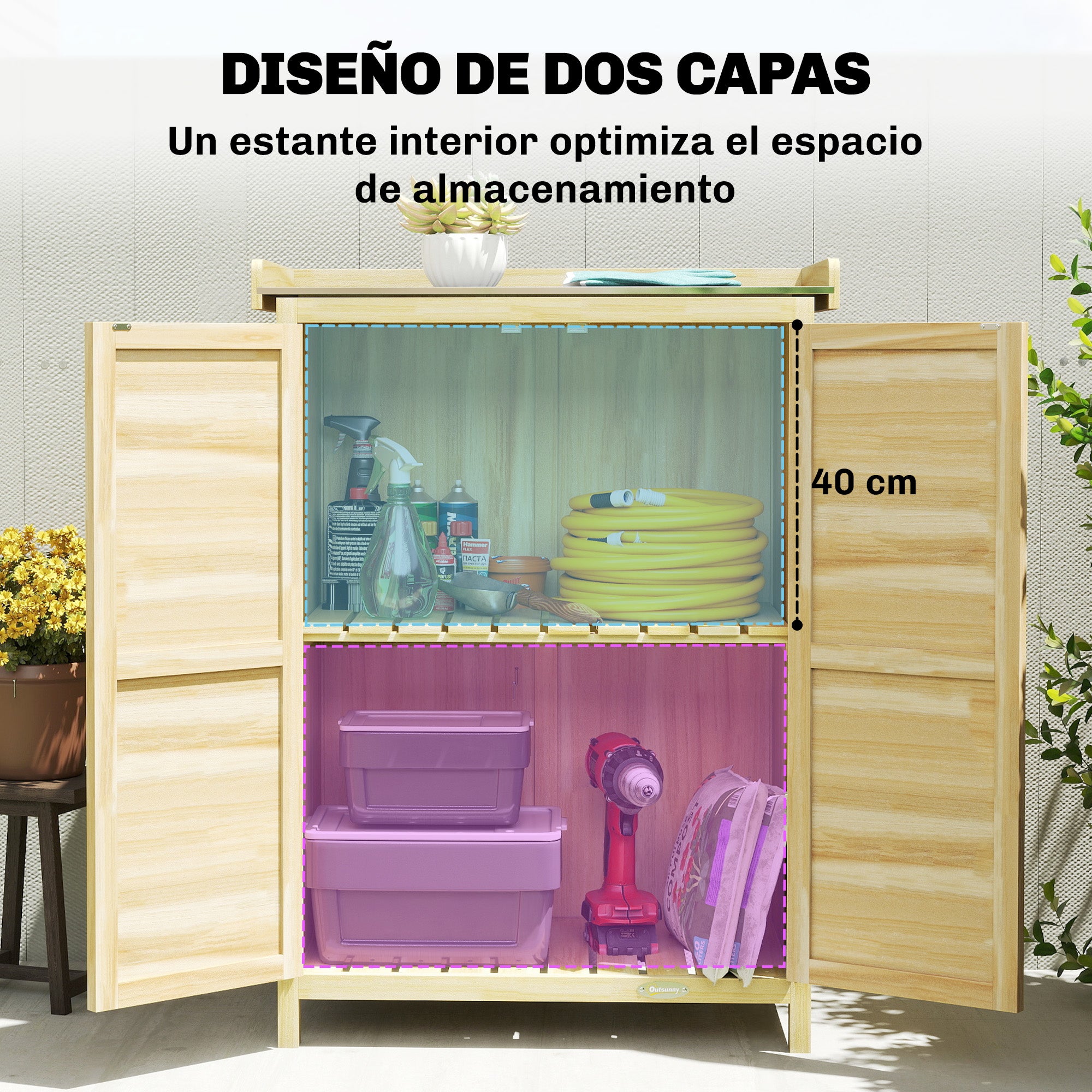 Outsunny Armario de Exterior de Madera, Caseta de Jardín Exterior con Techo de Metal Galvanizado, Estantes, 2 Puertas, Ganchos, Cobertizo de Jardín para Almacenaje Herramientas, 71,5x39x95 cm, Natural