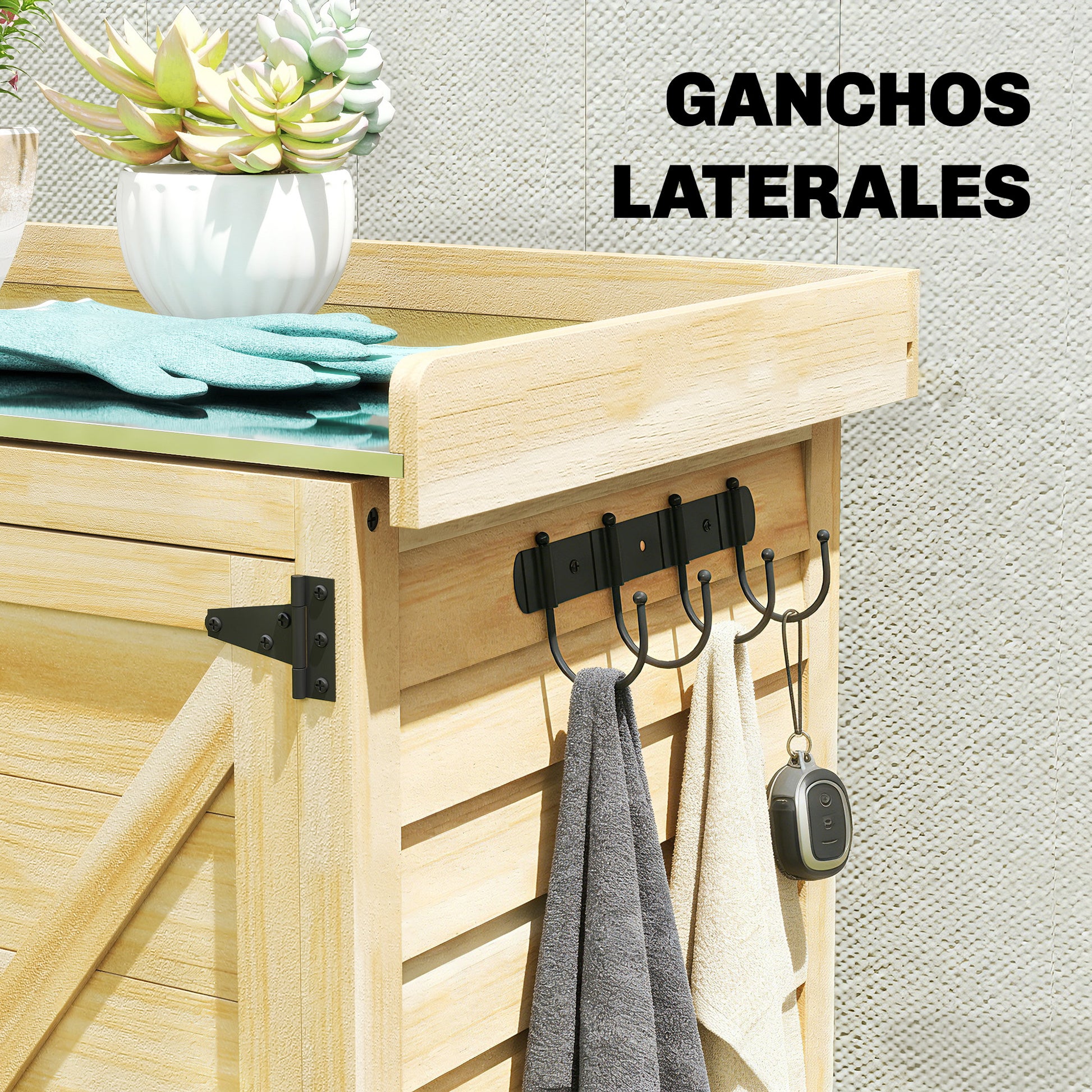 Outsunny Armario de Exterior de Madera, Caseta de Jardín Exterior con Techo de Metal Galvanizado, Estantes, 2 Puertas, Ganchos, Cobertizo de Jardín para Almacenaje Herramientas, 71,5x39x95 cm, Natural