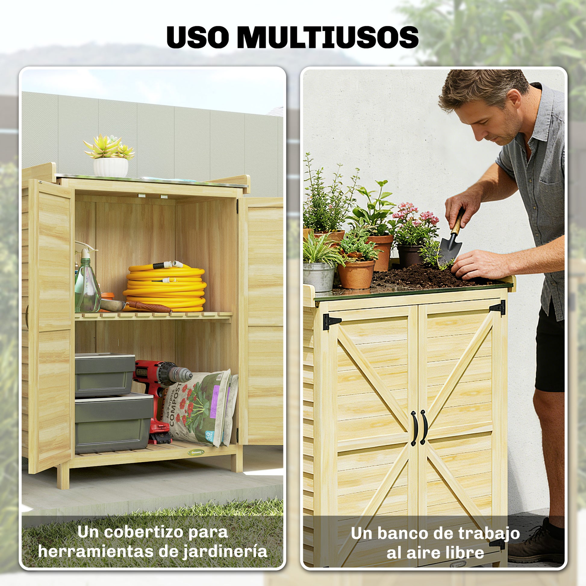 Outsunny Armario de Exterior de Madera, Caseta de Jardín Exterior con Techo de Metal Galvanizado, Estantes, 2 Puertas, Ganchos, Cobertizo de Jardín para Almacenaje Herramientas, 71,5x39x95 cm, Natural