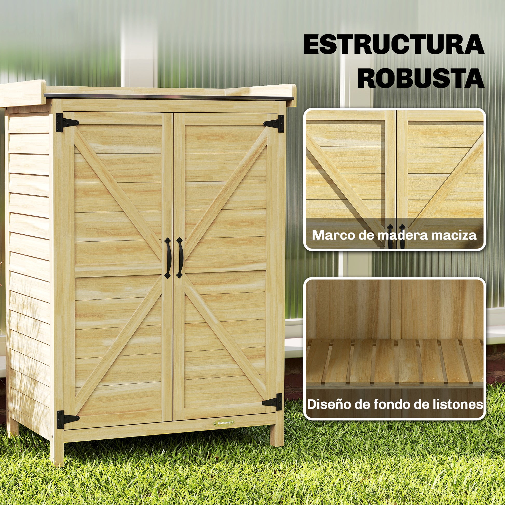 Outsunny Armario de Exterior de Madera, Caseta de Jardín Exterior con Techo de Metal Galvanizado, Estantes, 2 Puertas, Ganchos, Cobertizo de Jardín para Almacenaje Herramientas, 71,5x39x95 cm, Natural