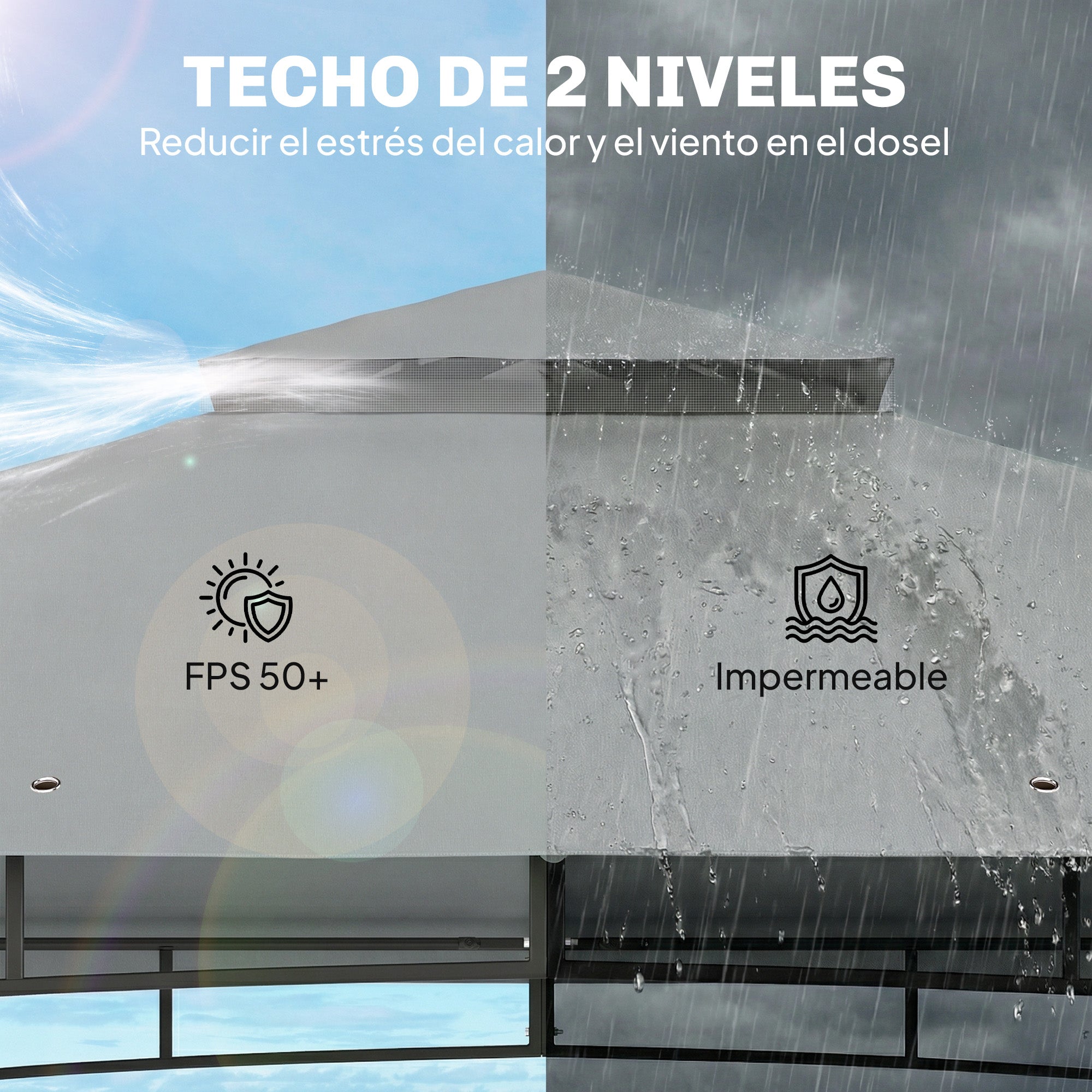 Outsunny Cenador para Jardín 3x3,6 m, Pabellón de Jardín Gazebo con Doble Techo, Paredes de Malla, UPF50+, Estructura de Metal, Carpa para Exterior, Terraza, Patio, Gris