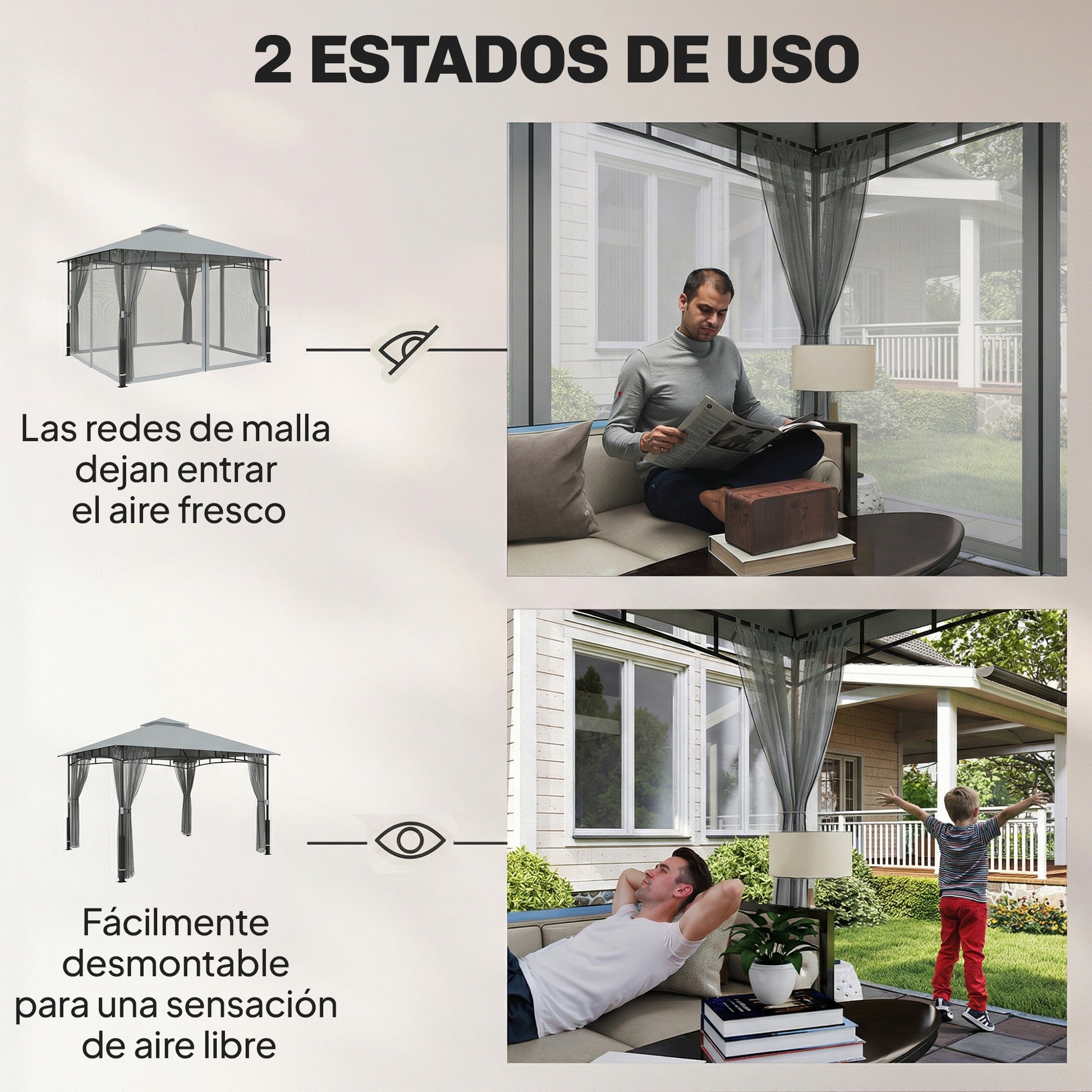Outsunny Cenador para Jardín 3x3,6 m, Pabellón de Jardín Gazebo con Doble Techo, Paredes de Malla, UPF50+, Estructura de Metal, Carpa para Exterior, Terraza, Patio, Gris