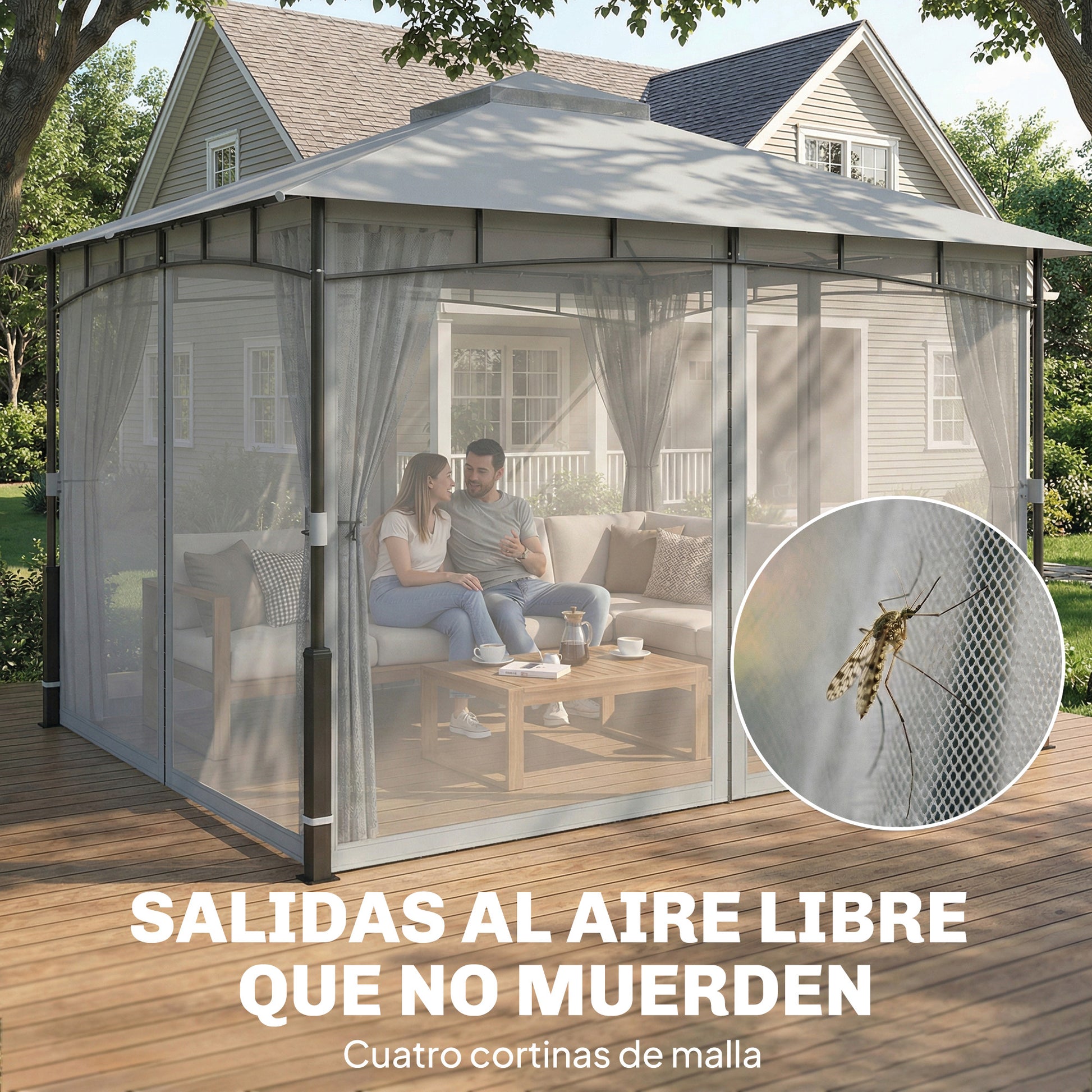 Outsunny Cenador para Jardín 3x3,6 m, Pabellón de Jardín Gazebo con Doble Techo, Paredes de Malla, UPF50+, Estructura de Metal, Carpa para Exterior, Terraza, Patio, Gris