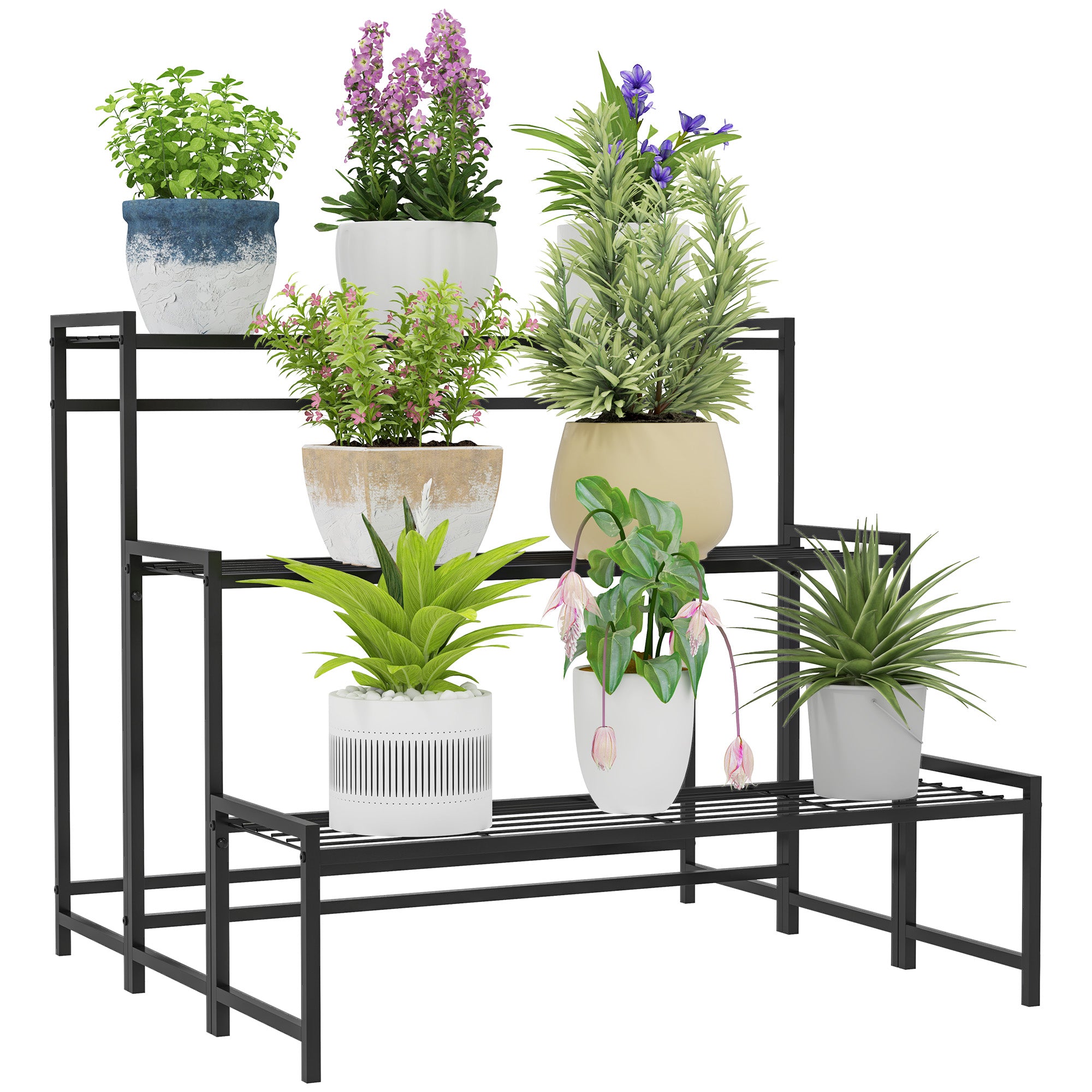 Outsunny Soporte para Plantas de 3 Niveles Estantería para Plantas para Esquina Diseño en Escalera Soporte para Macetas Interior y Exterior 75x70x66 cm Negro
