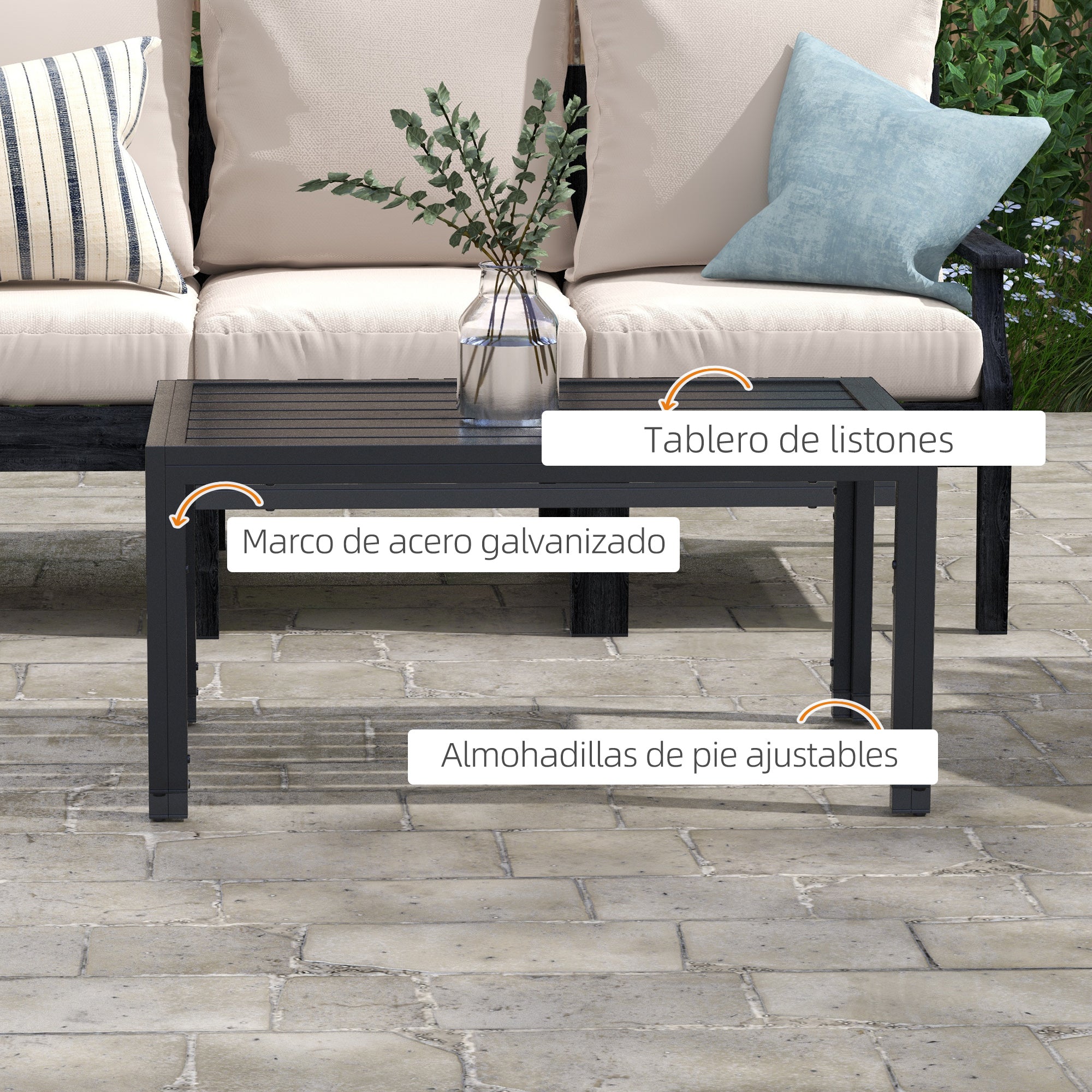 Outsunny Mesa de Centro de Jardín Rectangular, Mesa Auxiliar con Estructura de Acero Galvanizado y Superficie de Tablillas, Mesita de Café para Patio, Balcón, Terraza o Porche, Negro
