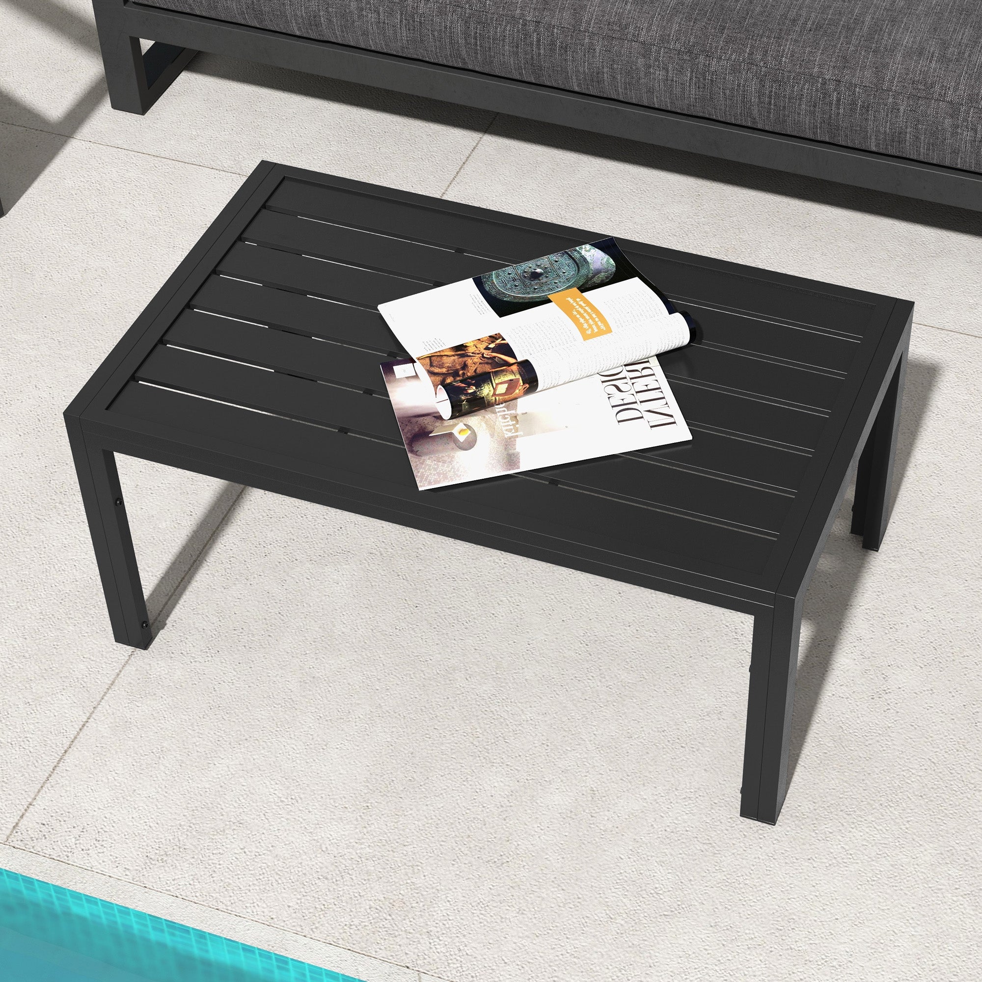Outsunny Mesa de Centro de Jardín Rectangular, Mesa Auxiliar con Estructura de Acero Galvanizado y Superficie de Tablillas, Mesita de Café para Patio, Balcón, Terraza o Porche, Negro