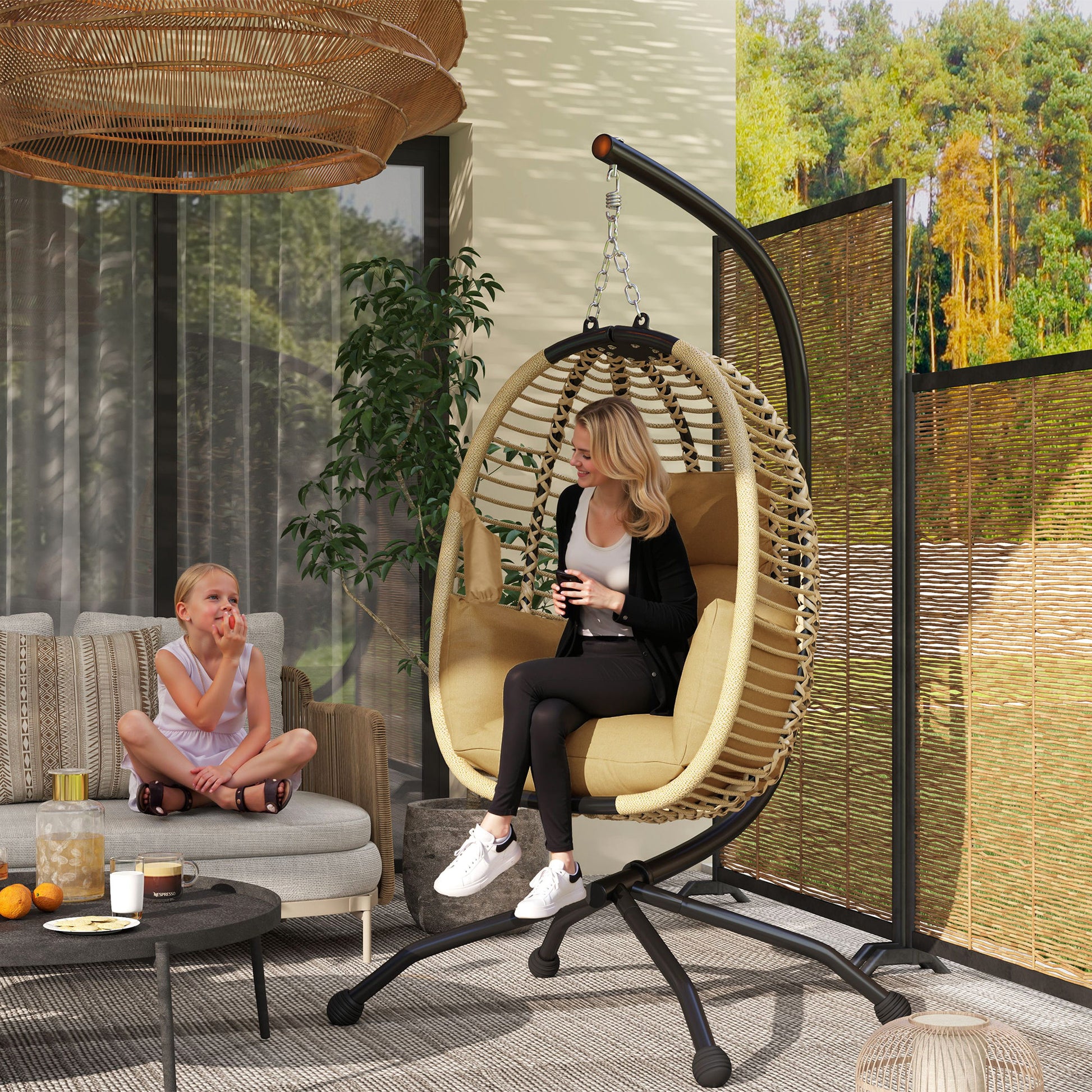 Outsunny Silla Colgante Huevo con Soporte Columpio de Jardín Exterior con Cesta Plegable Reposacabezas Cojín Bolsillo Lateral Columpio Colgante para Interior y Exterior Carga 120 kg Beige
