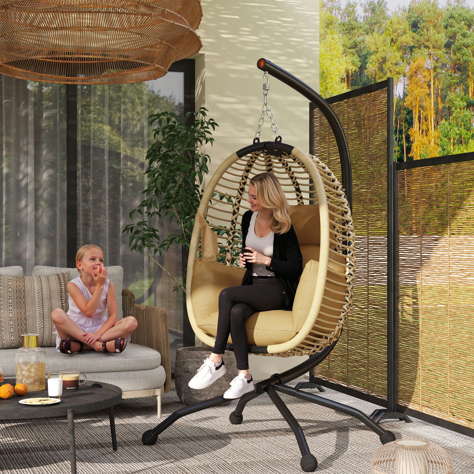 Outsunny Silla Colgante Huevo con Soporte Columpio de Jardín Exterior con Cesta Plegable Reposacabezas Cojín Bolsillo Lateral Columpio Colgante para Interior y Exterior Carga 120 kg Beige