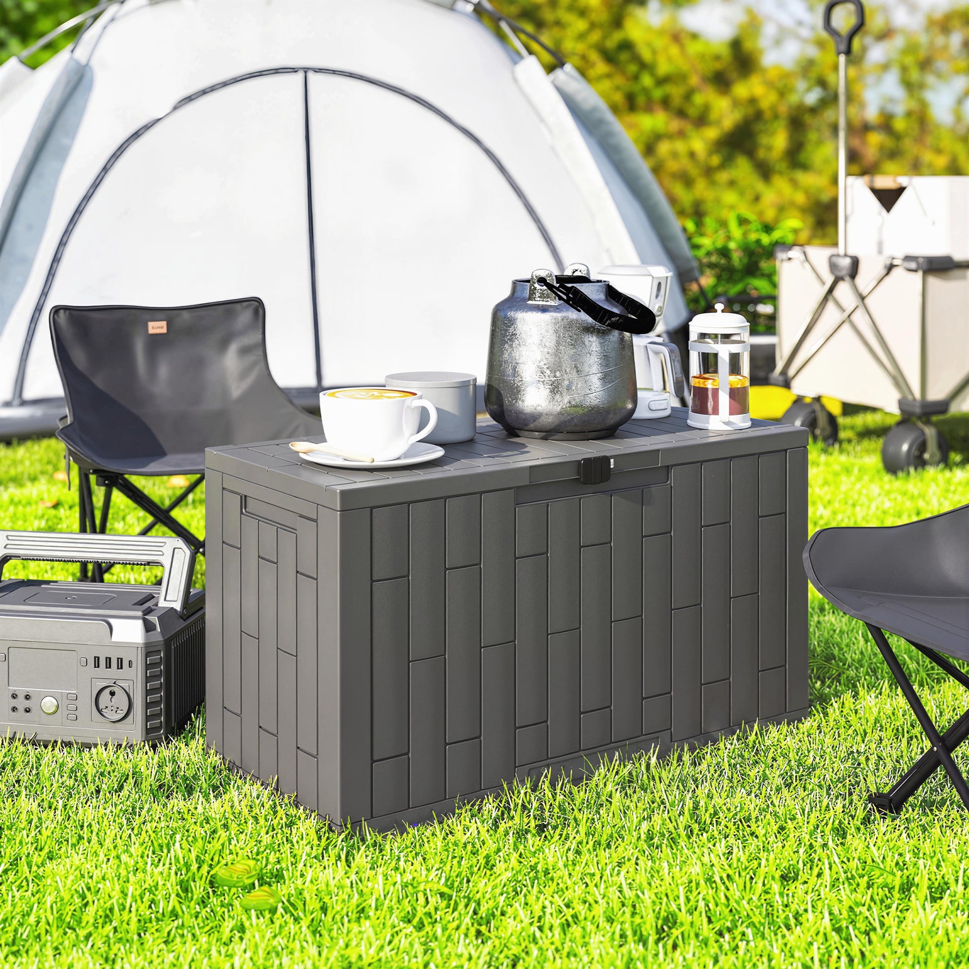 Outsunny Arcón Exterior Capacidad 227L, Baúl de Almacenaje Exterior de Resina Resistente al Agua y a los Rayos UV, con Cerradura para Jardín, Terraza, Patio, 106,5x43x54,5 cm, Gris